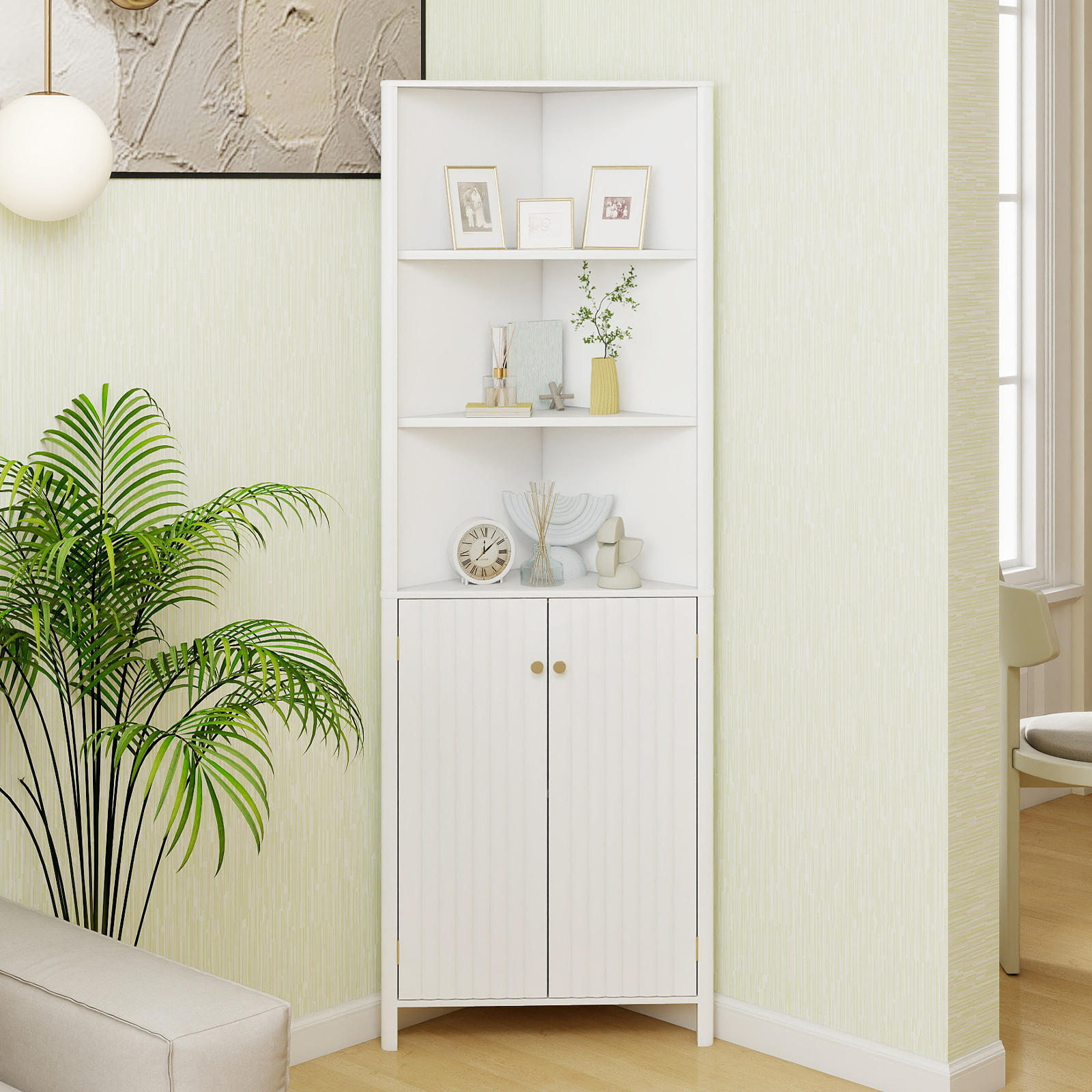 Image of 172,5 Cm Tall Corner Cabinet, Modern Corner Storage Cabinet With 5 Shelves And 2 Fluted Doors, Saver With Adjustable Shelf For Bathroom, Living Room, Kitchen, White