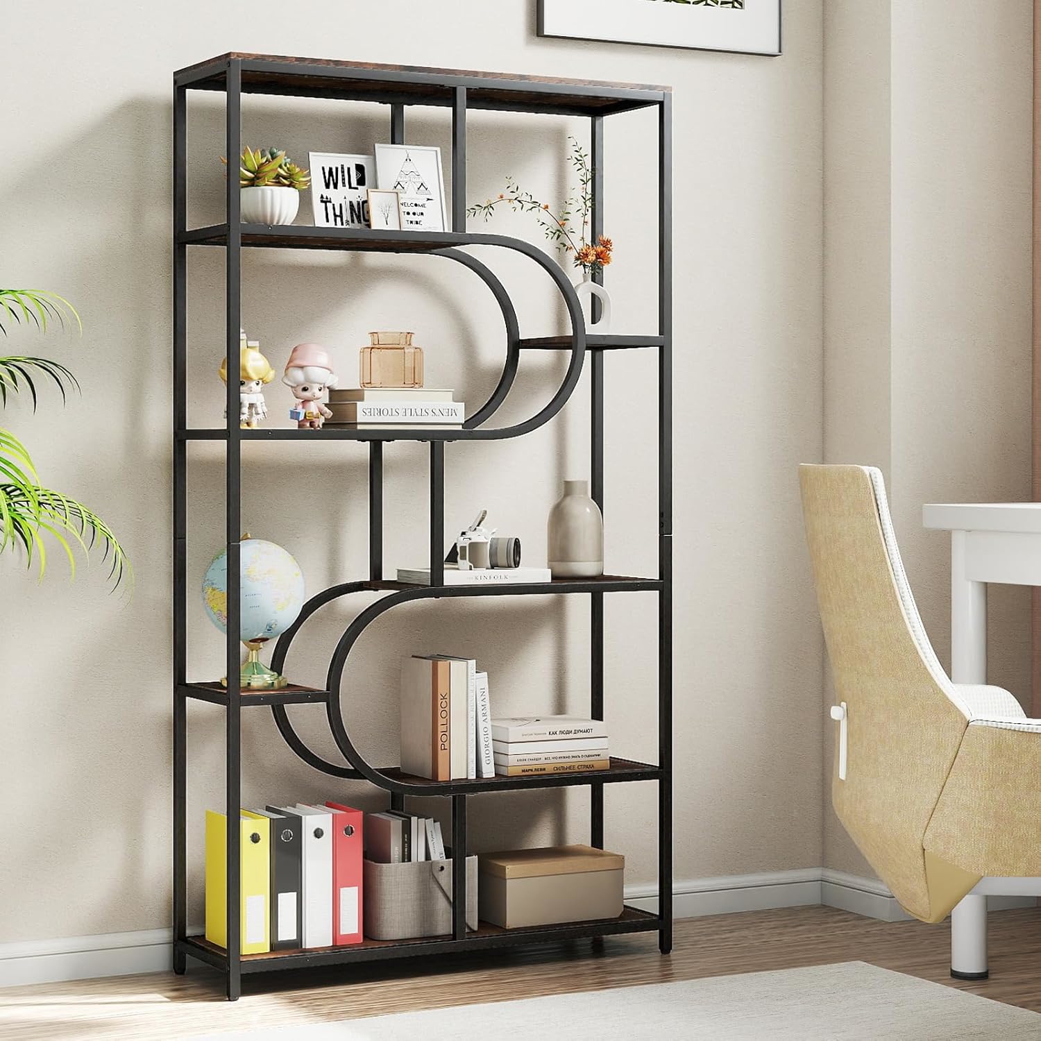 Modern Library With 8 Open Shelves, Bookshelf With Adjustable Non-slip Legs And Anti-slip Device, Geometric Library