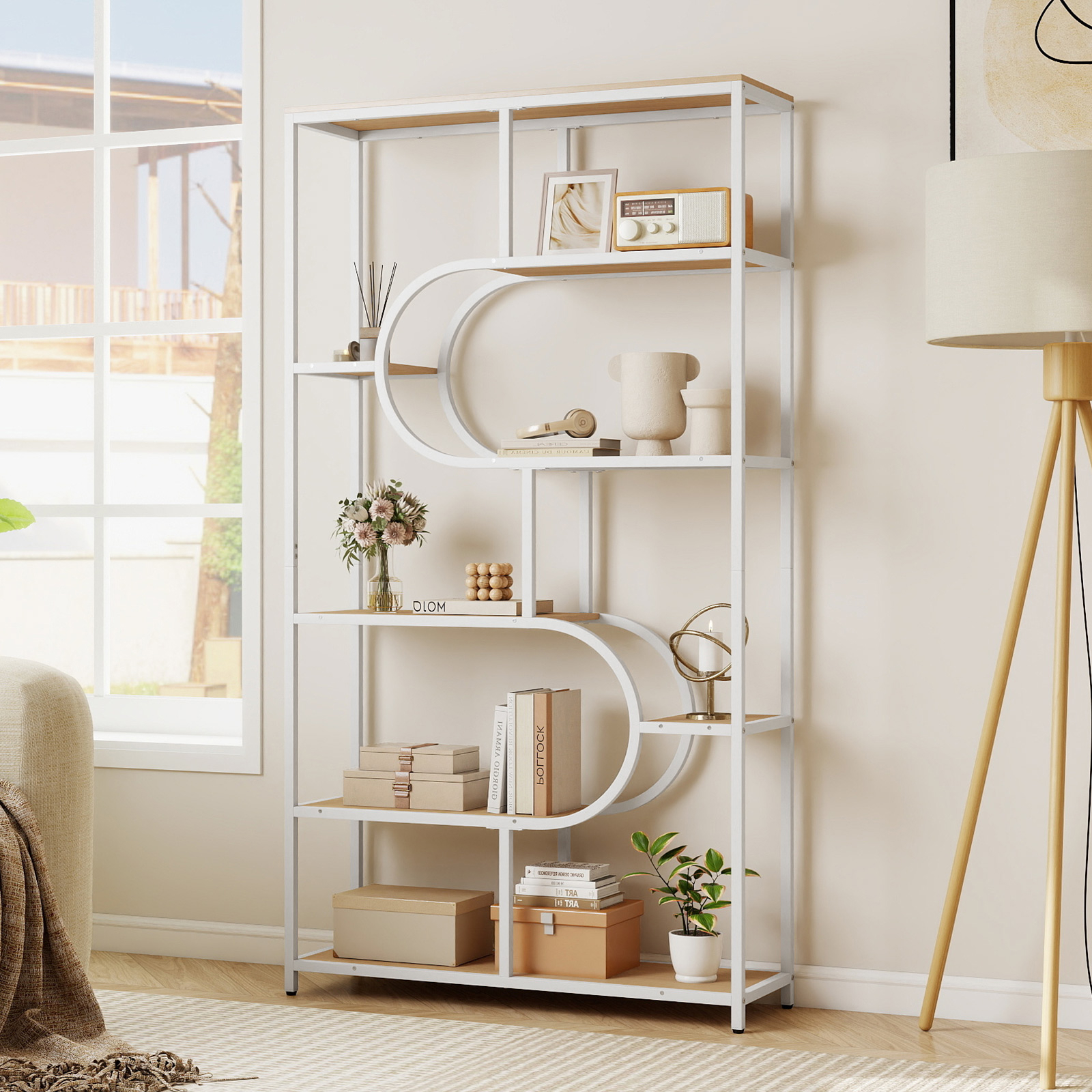 Modern Library With 8 Open Shelves, Bookshelf With Adjustable Non-slip Legs And Anti-slip Device, Geometric Library