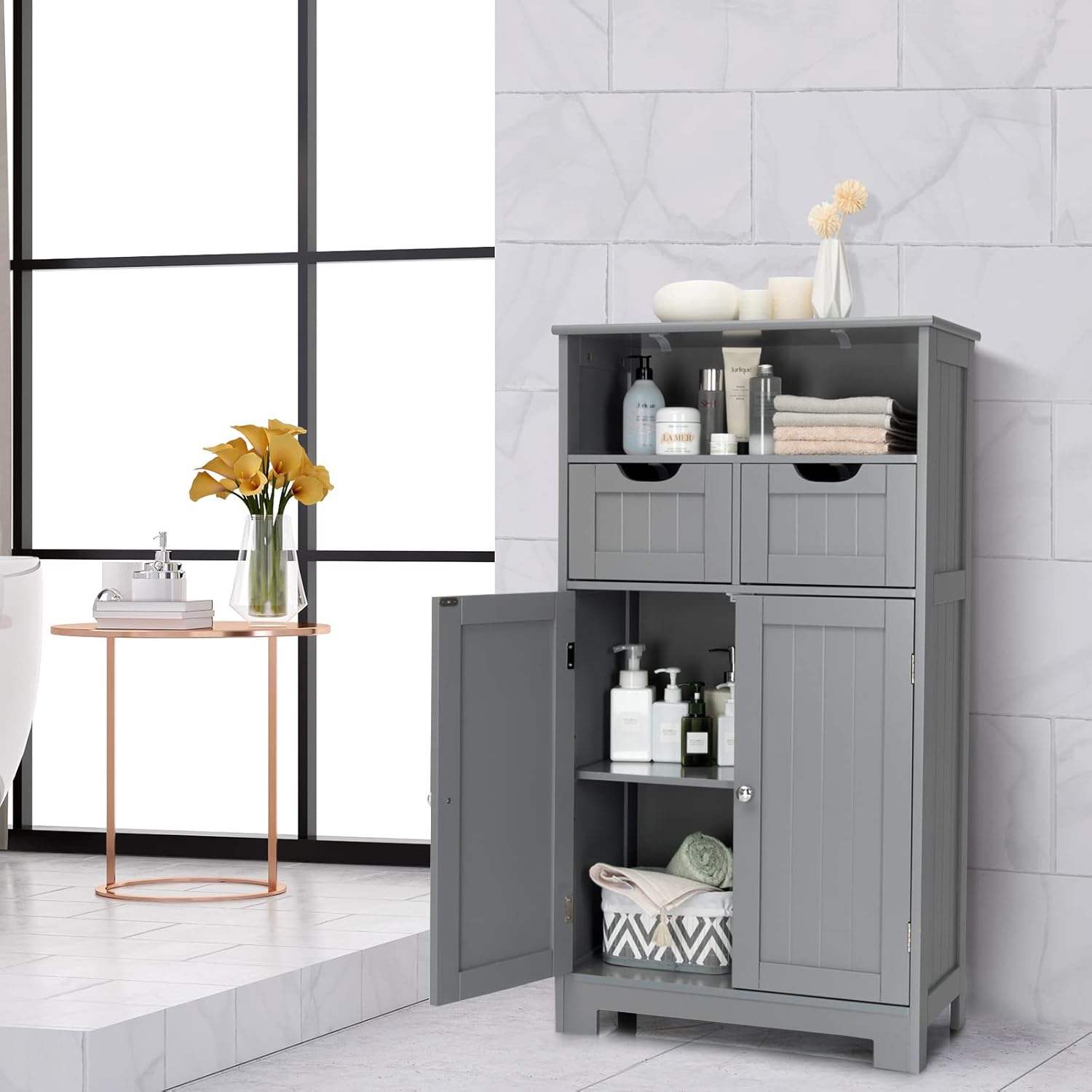 Image of Bathroom Floor Cabinet, 2-door Storage Cabinet With 2 Switchable Drawers, Adjustable Shelf, Freestanding Accent Cabinet Cupboard For Living Room, Kitchen, Entryway, Office, Gray