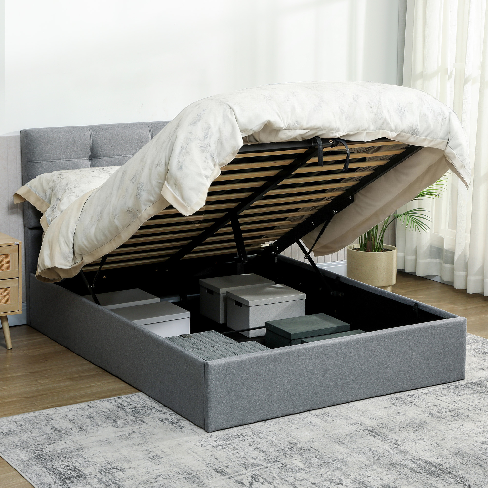 TEMU Lit coffre 140 x 190 cm, cadre de lit double rembourré avec sommier à lattes en bois et rangement , tête de lit capitonnée en tissu lin, jusqu'à