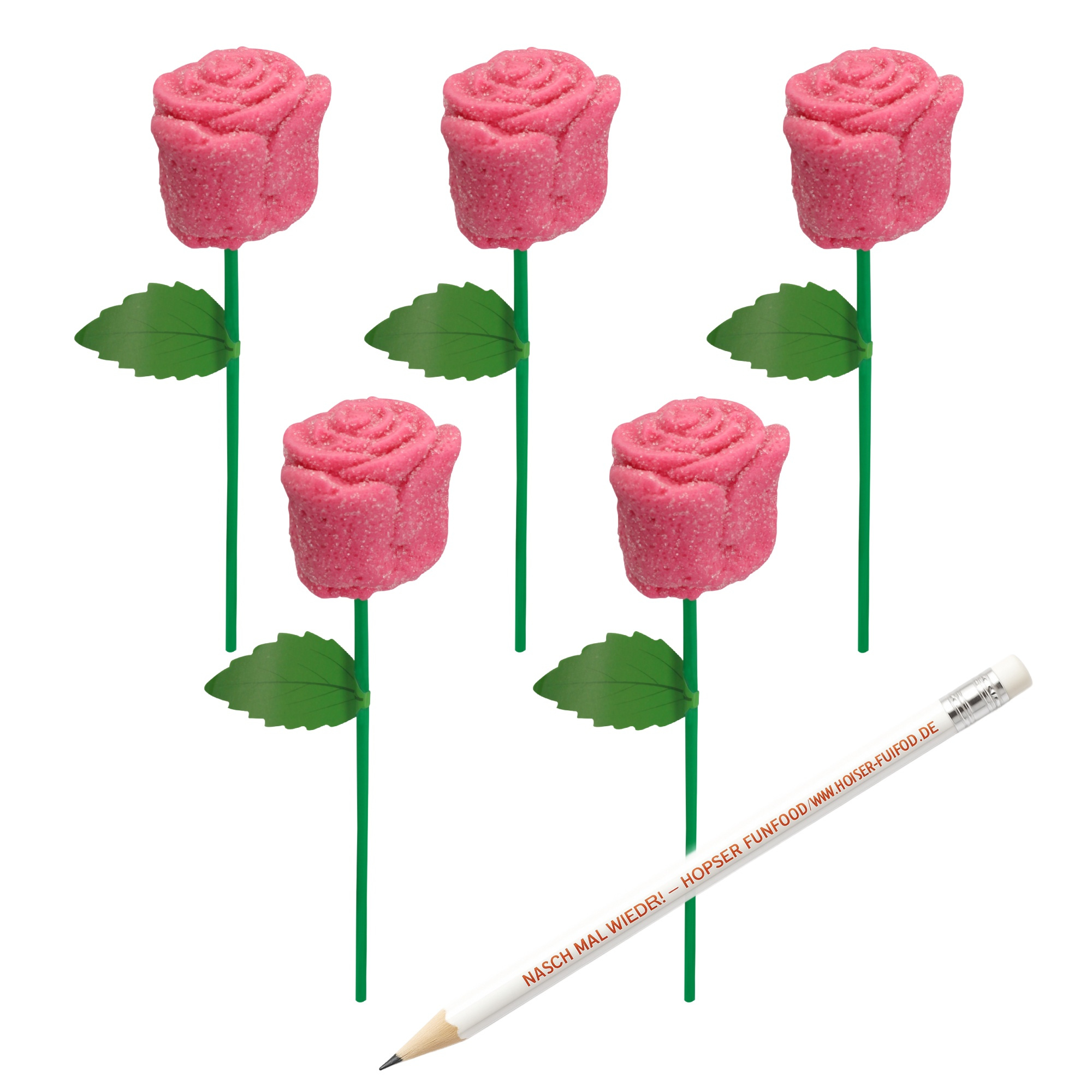 Marshmallow Rose 5pcs Bundle – Sweet 22 Cm Marshmallow Roses | Gift Idea | Incl. Free Hopser Funfood Pencil