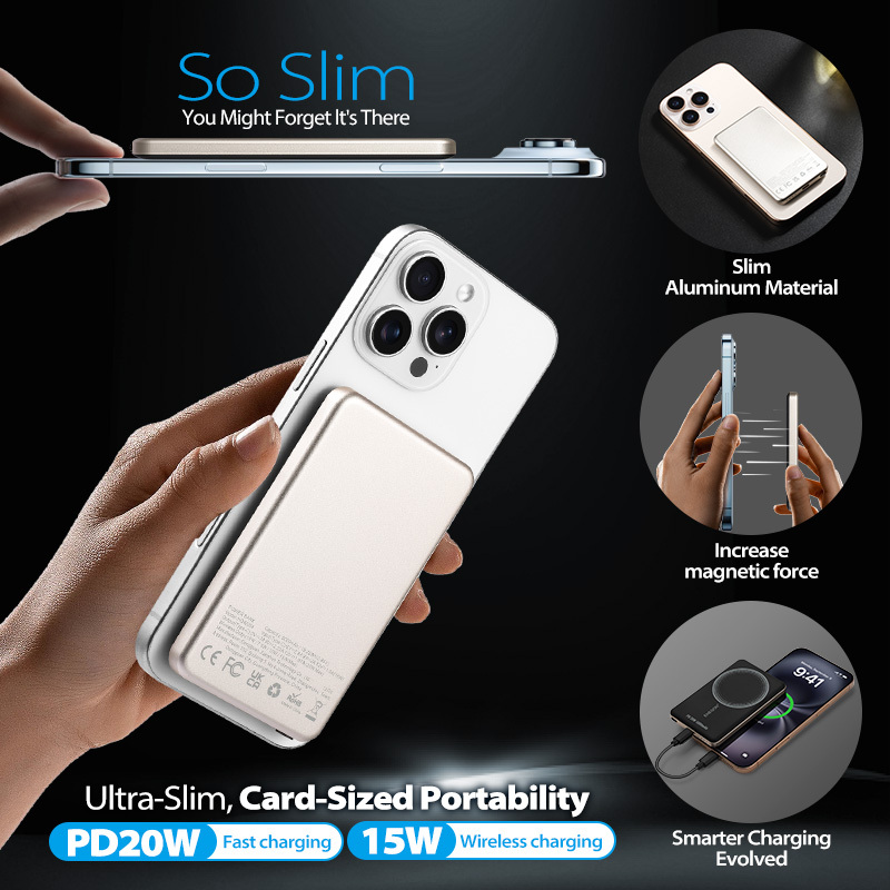 E-shop ENEGON 5000mAh kabellose magnetische Powerbank, Aluminiumlegierung, ultradünn, verstärkte Magnetkraft, mit Batterie-LED-Anzeige, kompatibel mit