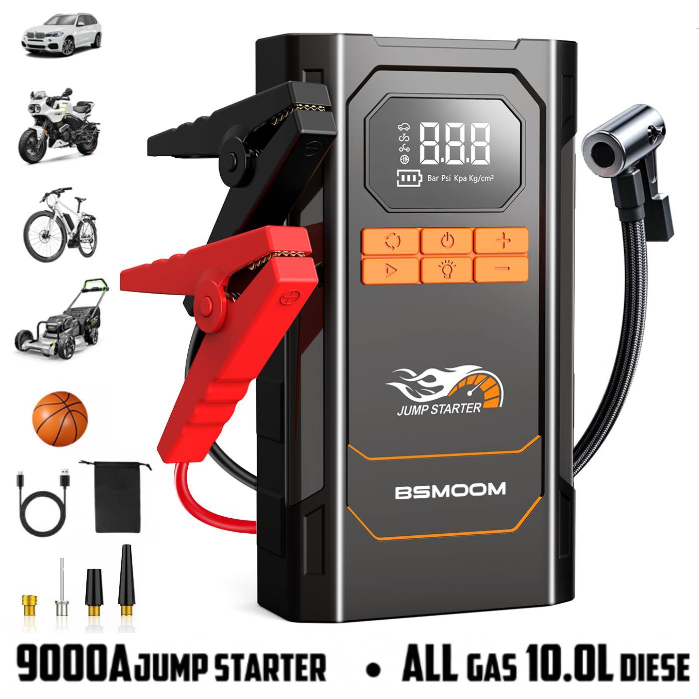 E-shop 9000A Autostarter mit Luftkompressor, kabelloser Reifenaufpumppumpe, Batteriebooster mit Powerbank & LED-Taschenlampen, 12V Autostarthilfe für
