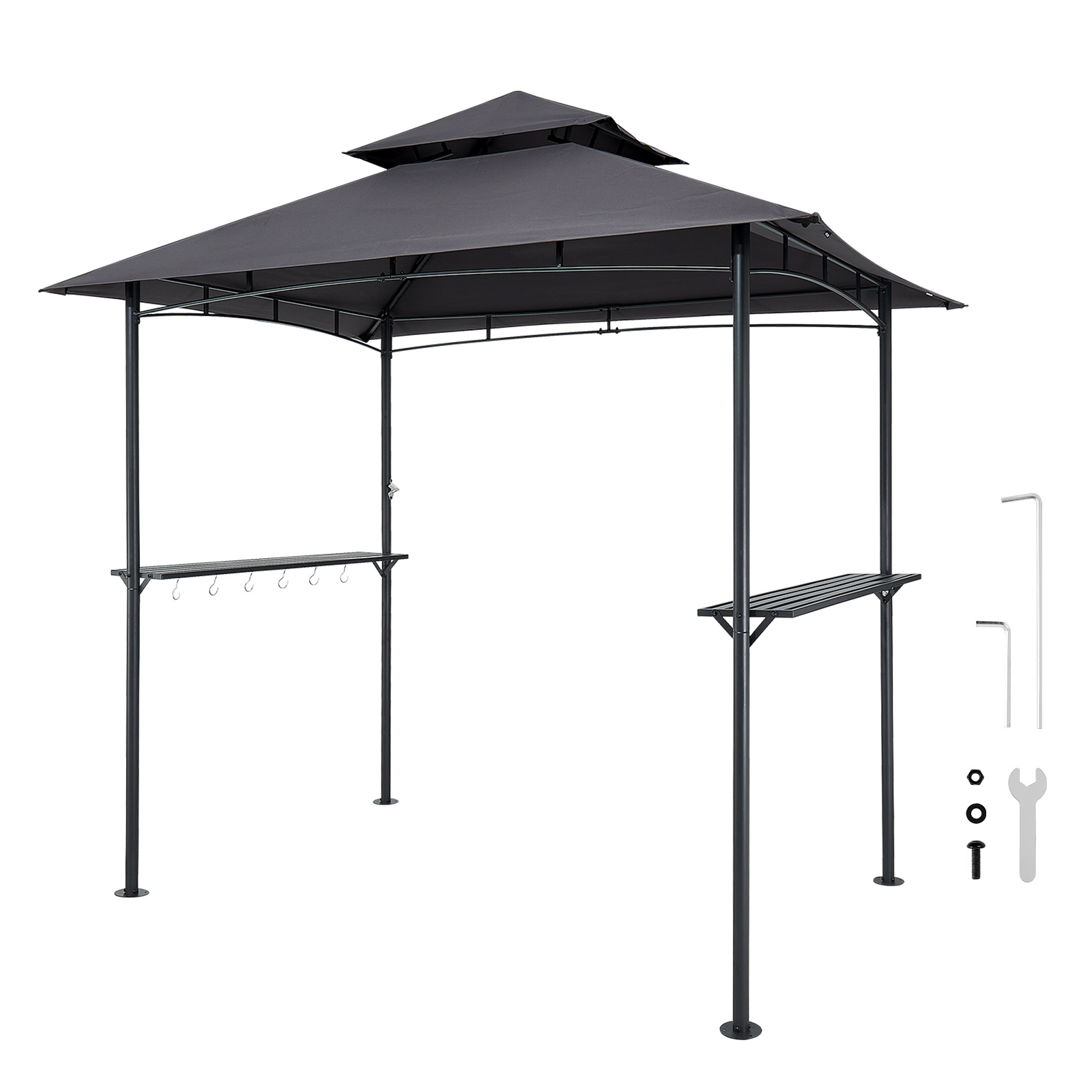 Image of Grill Gazebo, 2.43 X 1.5 Bbq Gazebo With Double-tiered Roof, Powder-coated Steel Patio Grill Shelter With 2 Side Shelves & 8 Hooks, Grilling Canopy For Patio Backyard