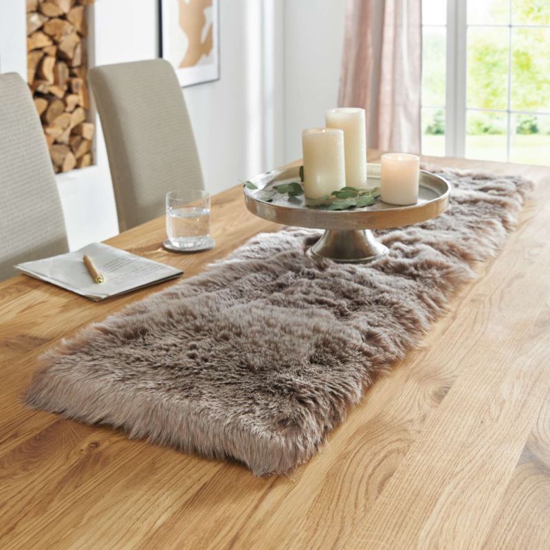 Table Runner "platin" Made Of Artificial Fur, Beige-brown, 30x120 Cm, Middle Layer, Table Band