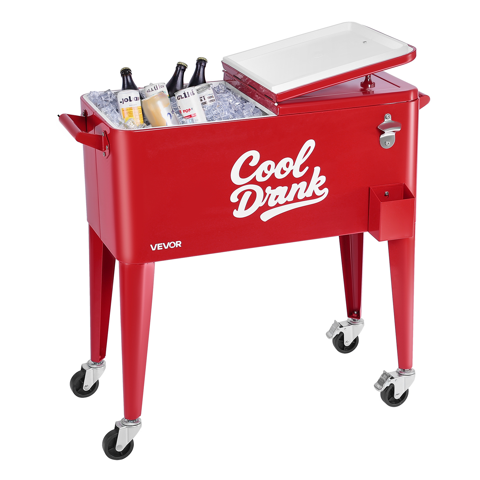 Image of Vevor 75.71 L Rolling Ice Chest, To 50 Bottles / 110 Cans, Portable Bar Drink Cooler Cart With 4 Swivel Casters (2 With Brakes), Beverage Cooler Trolley With Bottle Opener, Red