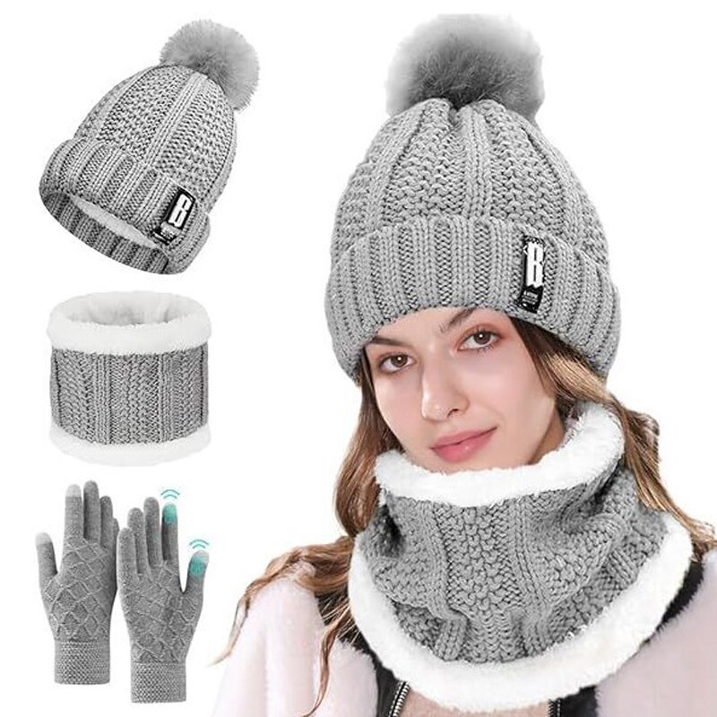 TEMU Women's Knit Hat Scarf And Gloves Set, Thick Knit Winter Beanie & Touchscreen Gloves, 3-in-1 Warm Gift Set For Women Girls