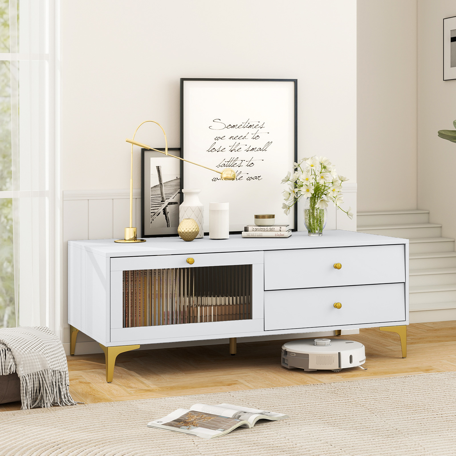 Image of Tv Cabinet, Tv Stand With 2 Drawers, Hinged Tempered Glass Door And Metal Legs, Tv Cabinet For Tvs Up To 55 Inches