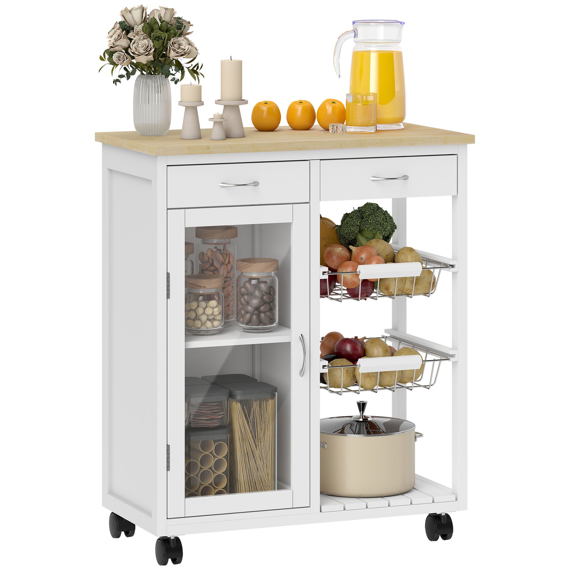 Image of Homcom Kitchen Serving Cart On Wheels, Island, Storage Trolley, Bamboo Tray, Glass Door, 2 Sliding Wire Baskets, 2 Drawers, Adjustable Shelf, 67x35x80cm, White