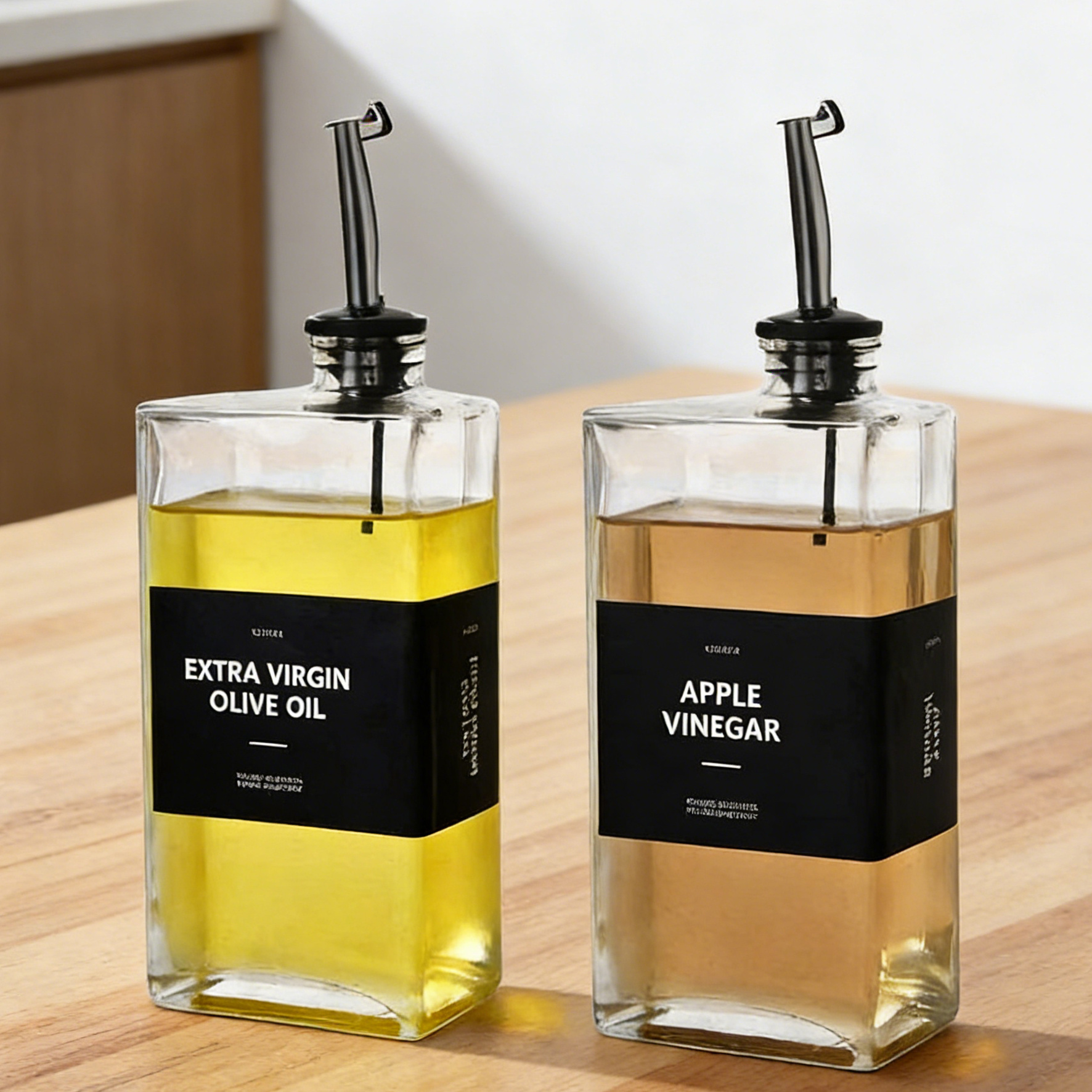 E-shop 2er Set Glas-Ölspender mit silbernen Ausgießern und Etiketten, Ölflasche 500ml, Olivenöl spender mit Trichter, Essig und Ölflaschen set,