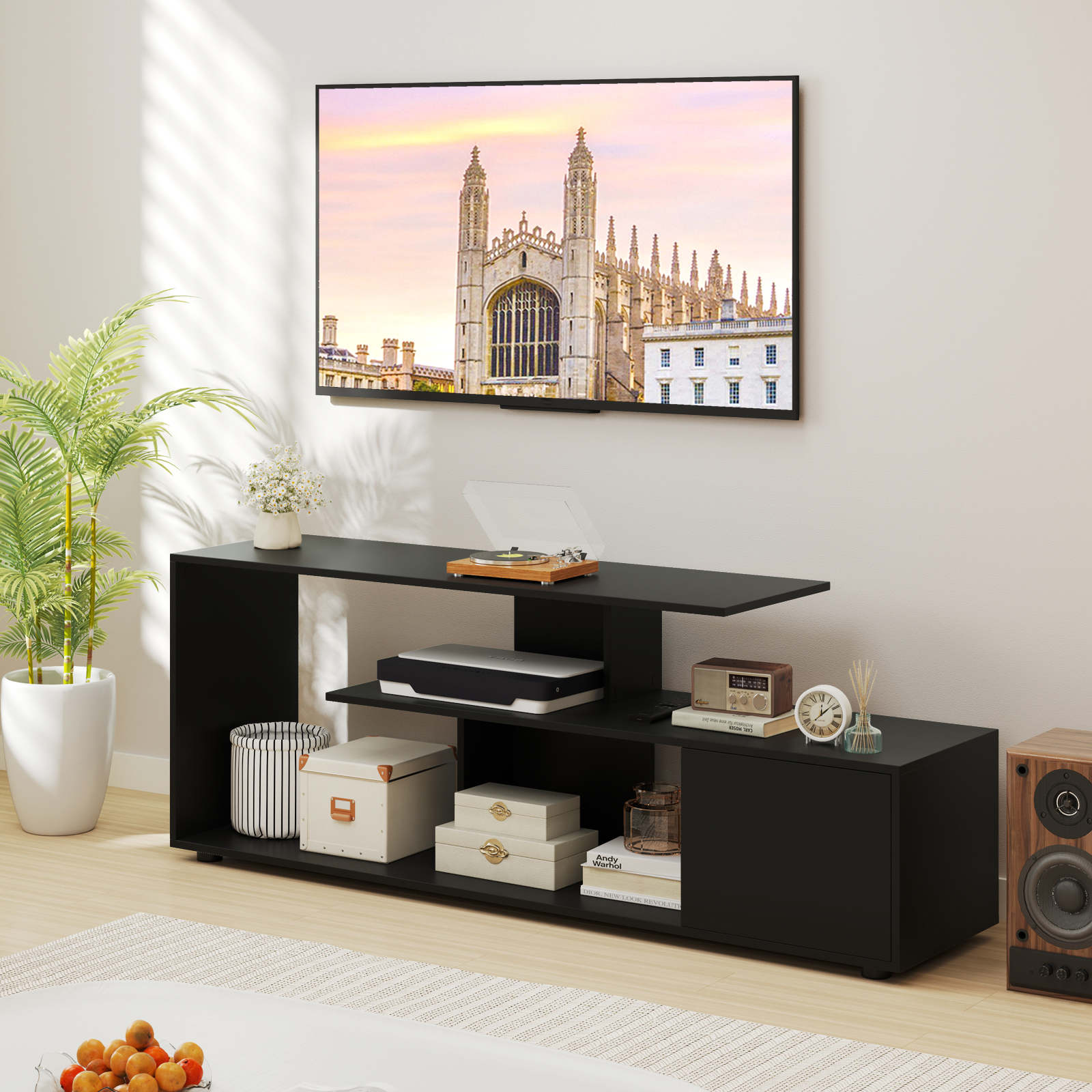 Wide Stand For Tvs Up To 55 Inch, 3 Racks, Front Wardrobe, 4 Adjustable Foots And 1 Support Foot
