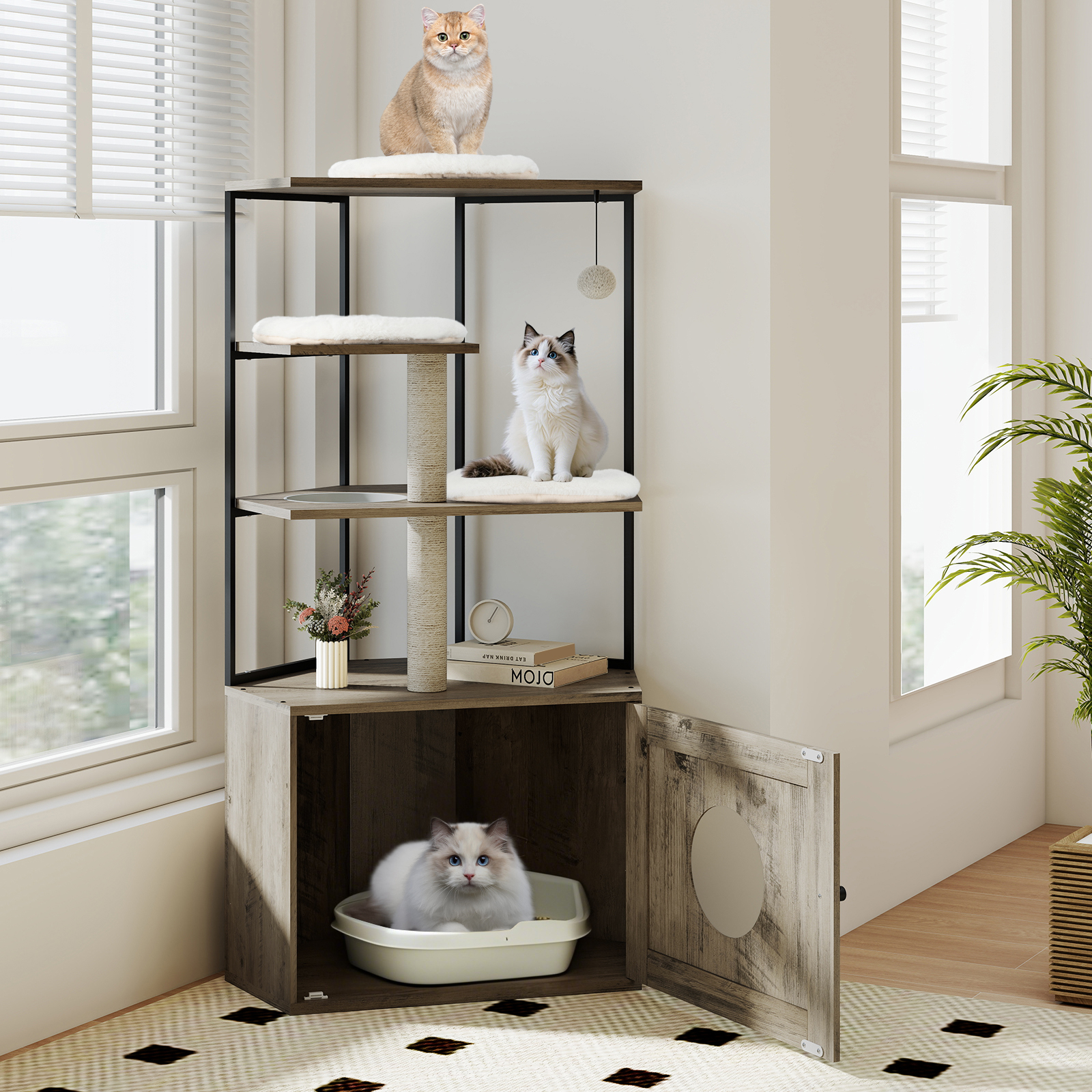 Image of Cat Tree With Litter Box Enclosure, Modern Cat Cabinet W/ 2 Scratching Posts & 3 Mats, Cat Hole, Metal Frame, Hanging Ball, Indoor Wooden Kitten Tower, -one Hidden Cat Furniture