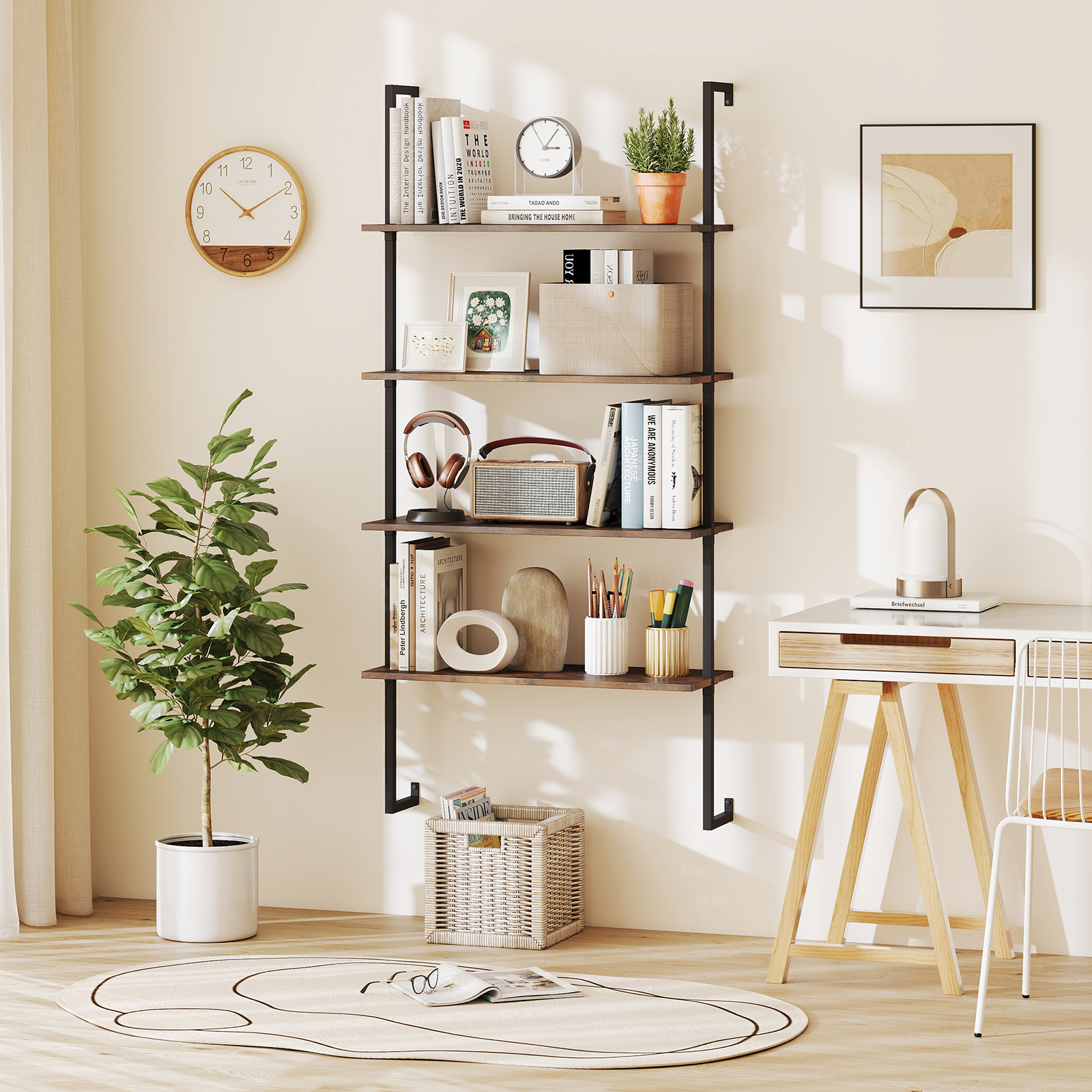 Image of 4-tier Wall-mounted Bookshelf, Industrial/modern Floating Storage Display Shelves With Metal Frame, Wall-mounted Ladder Wooden Bookcase For Living Room, Kitchen, Bar, Office
