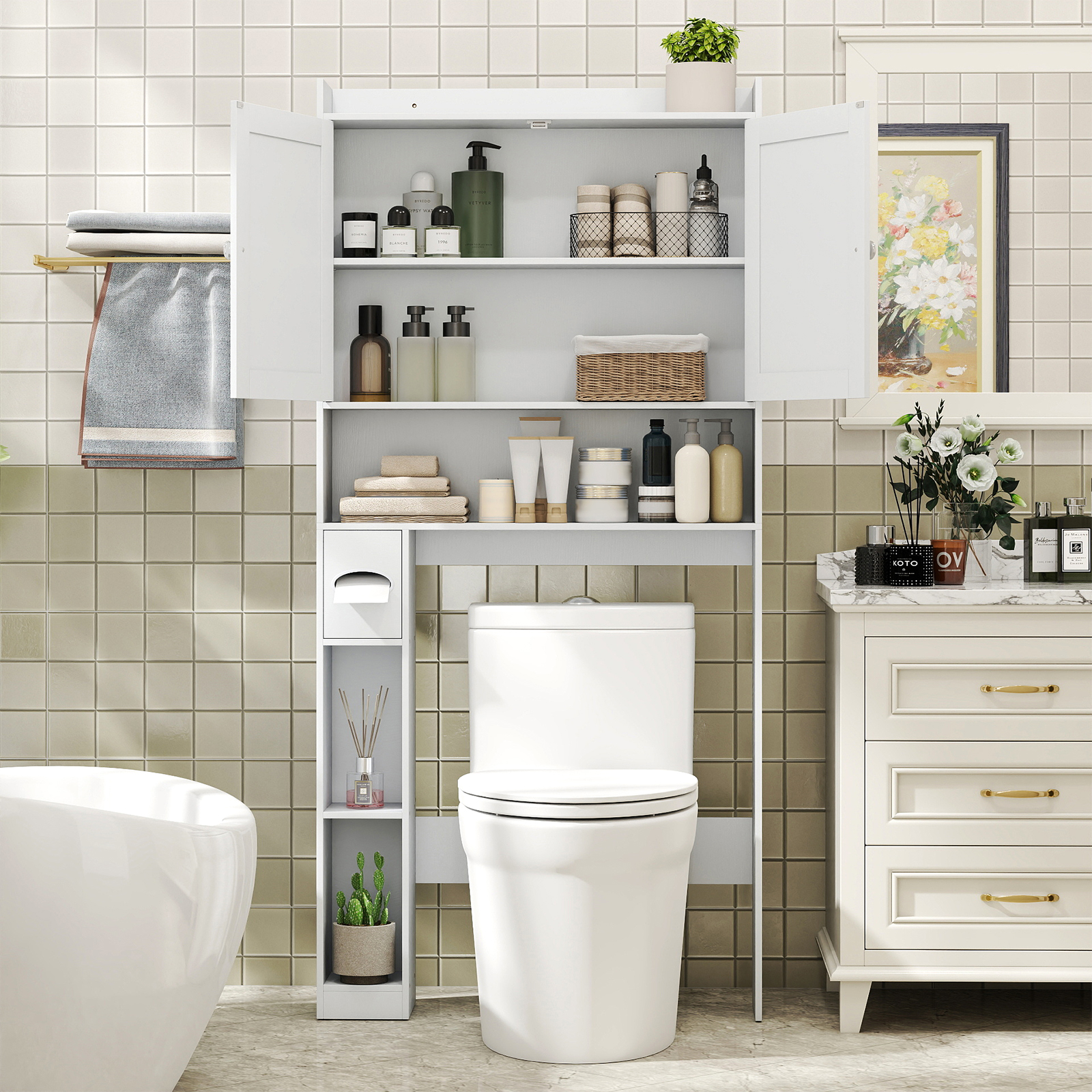 Over The Toilet Storage Cabinet, Above Toilet Storage Rack Organizer With , Toilet Paper Holder And Adjustable Shelf, Freestanding Space Saver For Bathroom, Laundry, White