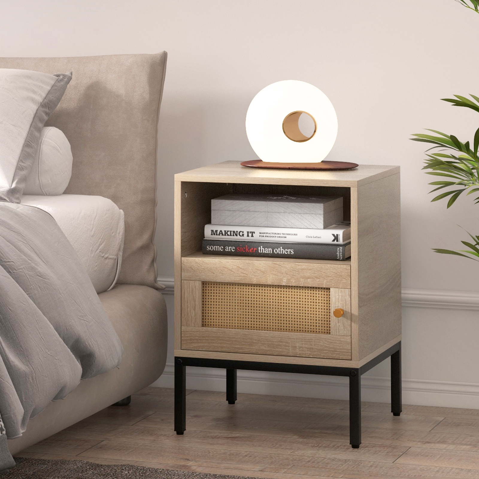 Rattan Nightstand, Boho Side Table With Open Shelf, Door Cabinet, Raised Metal Legs, Accent Table With Storage