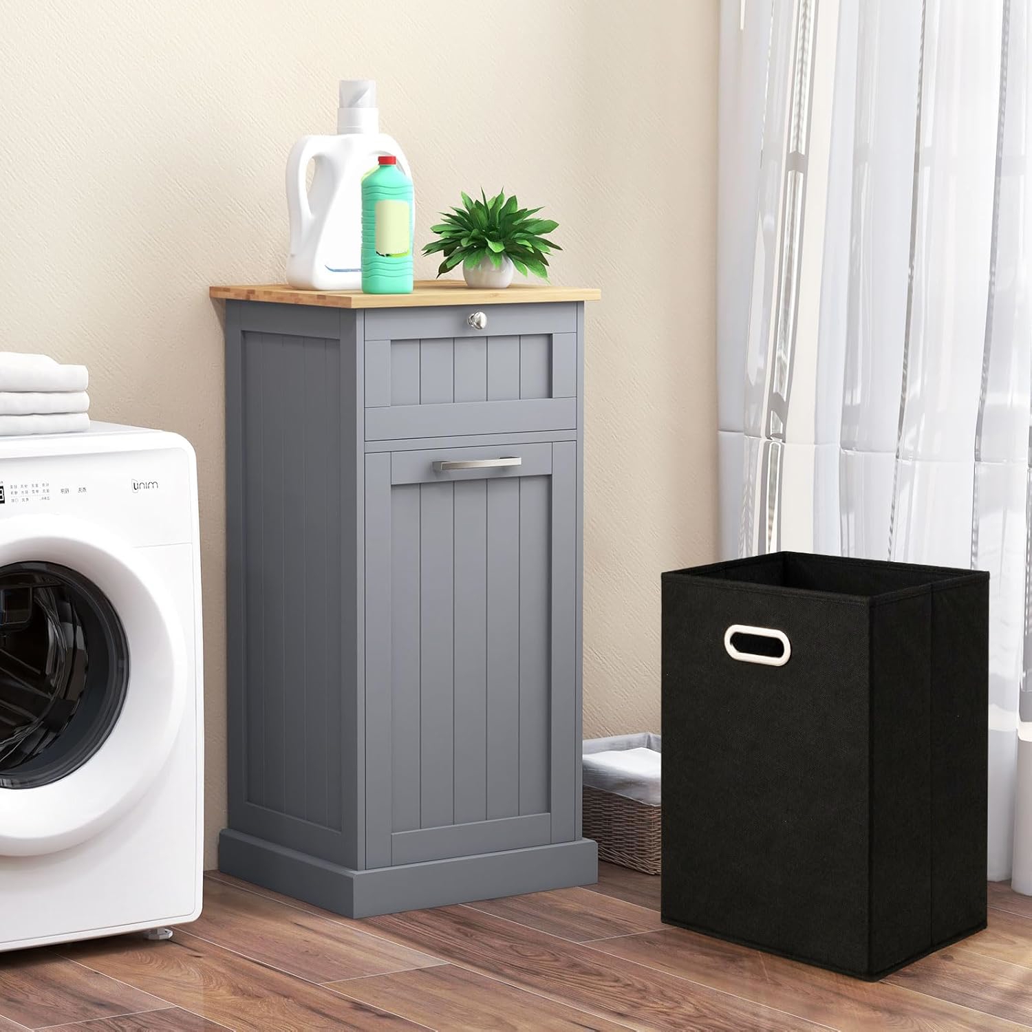 Image of Laundry Cabinet With Basket, Freestanding Tilt Out Laundry Hamper With Drawer And Door, Hamper Organizer For Bathroom Bedroom Laundry Room, 15.5" X " X 32.5"