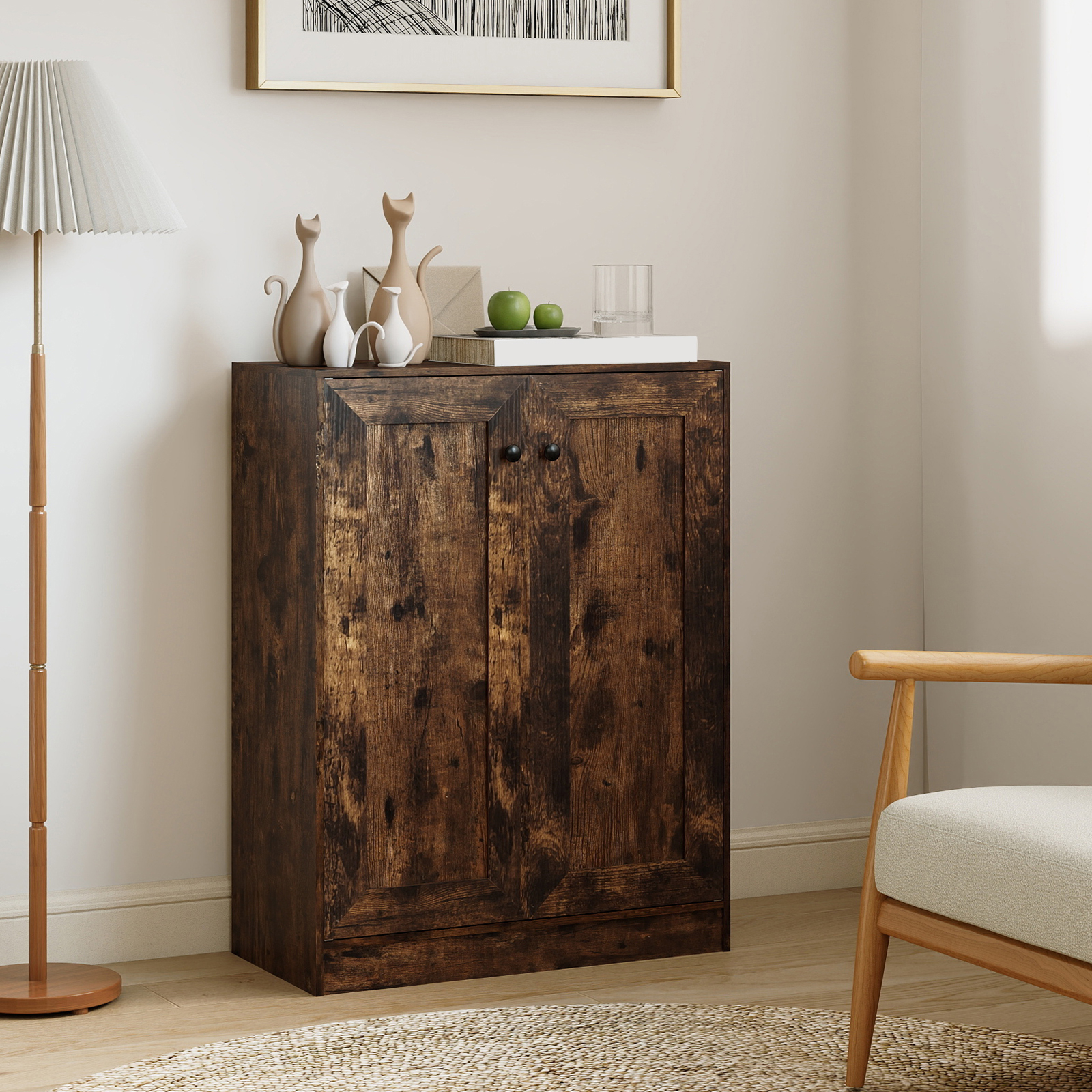 Image of Bathroom Floor Storage Cabinet, Wooden Storage Organizer With Doors And Adjustable Shelves, Freestanding Sideboard Buffet Cabinet For Living Room, Dining Room And Kitchen, Rustic Brown