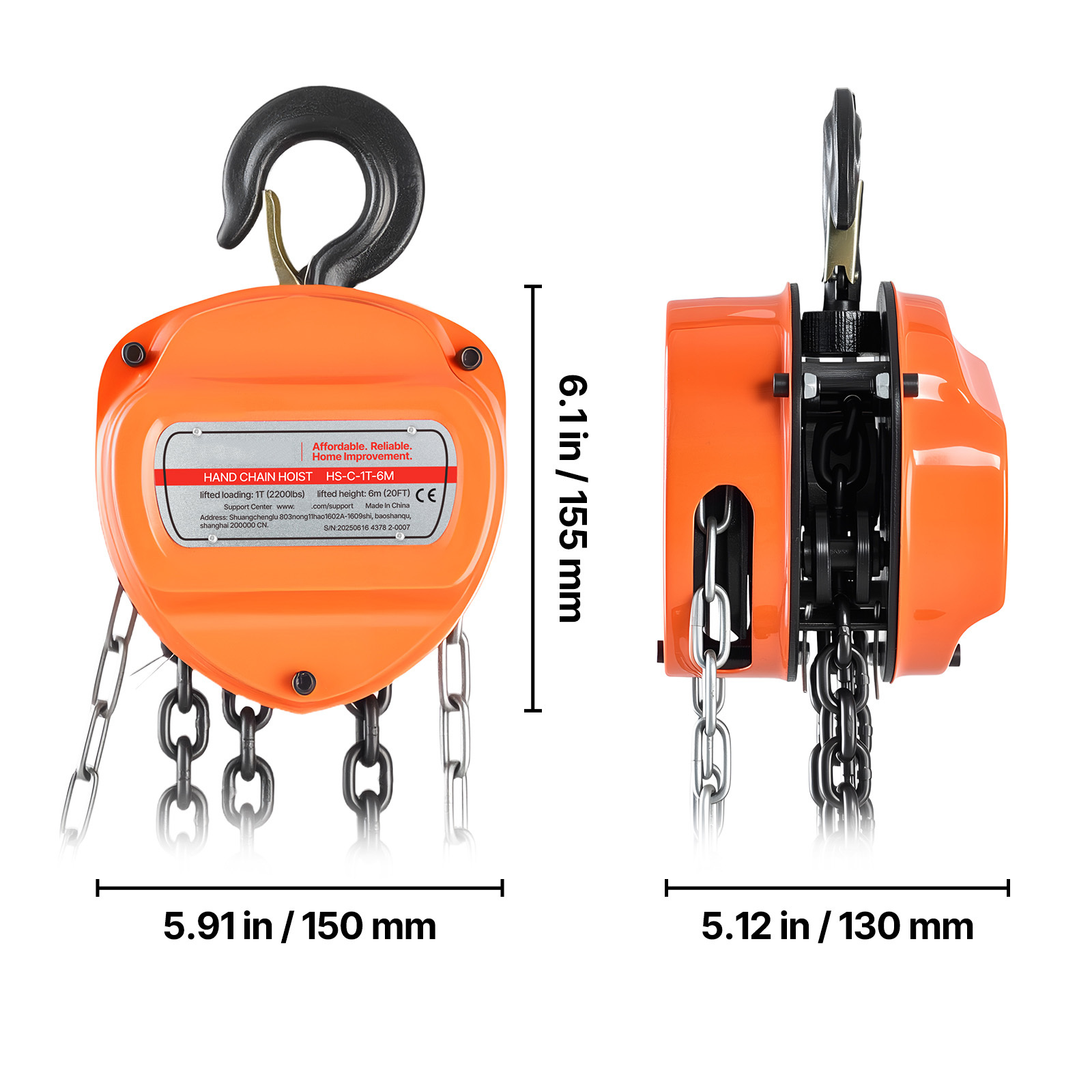 Vevor Hand Chain Hoist, 1 Ton 2200 Lbs Capacity, Manual Chain Block With Upgrade G80 Galvanized Chain, 20 Ft Lifting Height, Heavy Duty Pulley Hoist For Garage Warehouse Automotive Machinery, Orange