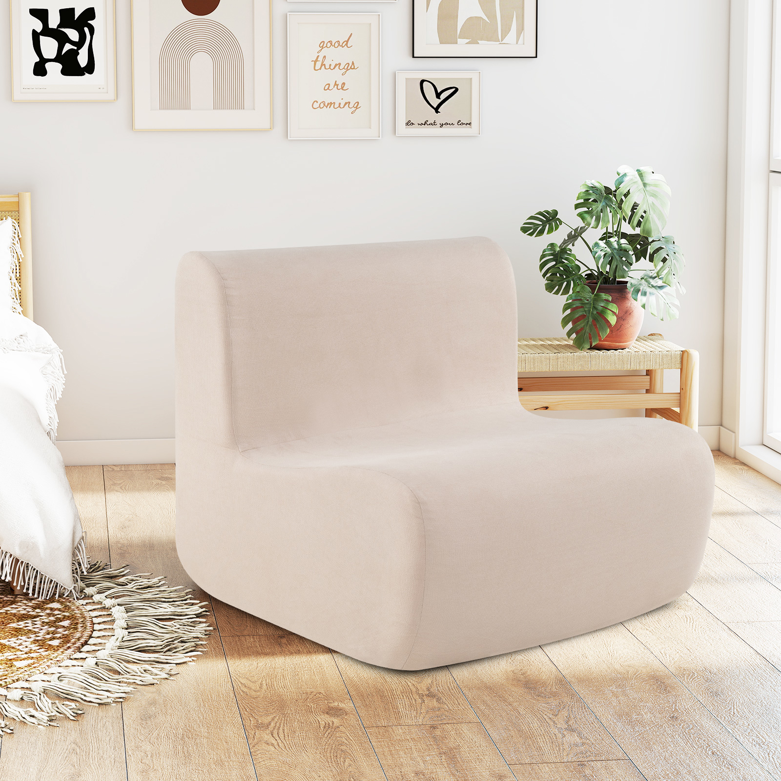 Image of Bean Bag Chair, Lazy Floor Sofa Chair With Soft Velvet & Ergonomic Support, Comfy Fireside Single Seat Reading Couch For Living Room, Bedroom, No