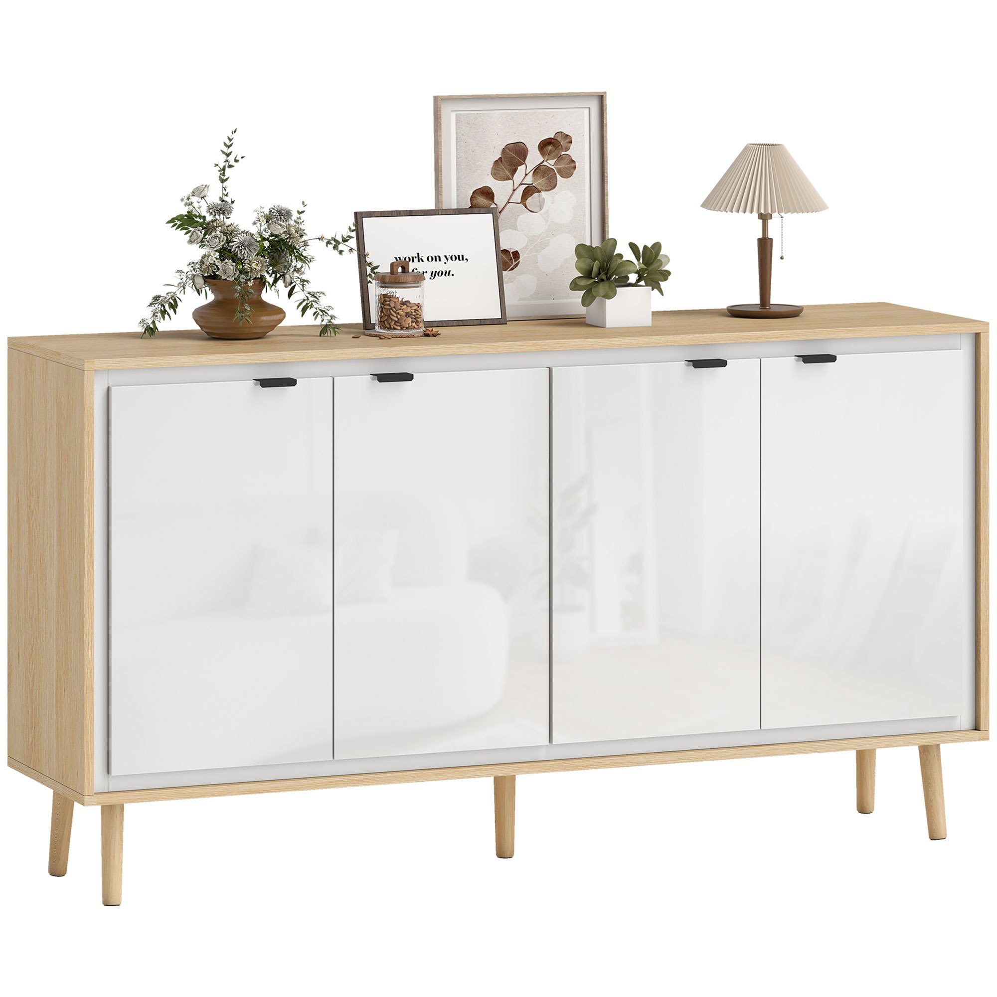 TEMU Buffet à haute brillance, meuble de rangement avec 4 portes, étagères réglables, pieds en bois, style moderne, buffet salle à manger, cuisine et