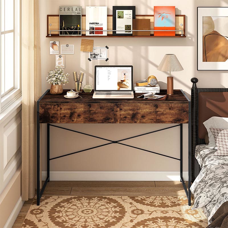 Industrial Style Work Desk With X-shaped Structure, Spacious Drawers, Adjustable Legs, Anti-slip Kits