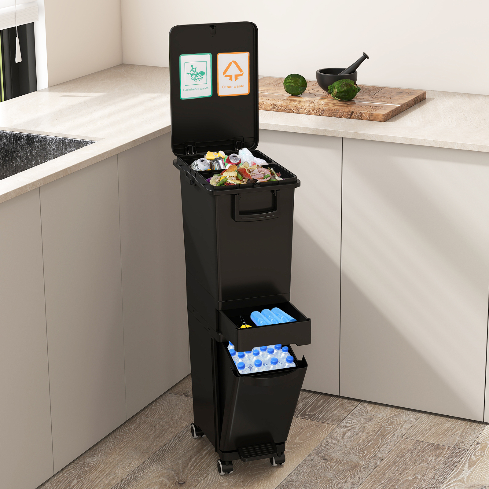 Multifunctional Trash Can, Kitchen Garbage Bin W/tilt-designed Bottom Bin, Middle Drawer, 2 Upper Compartments, Classification Stickers, Plastic Step-on Trash Can For Kitchen, Dining Room, Living Room