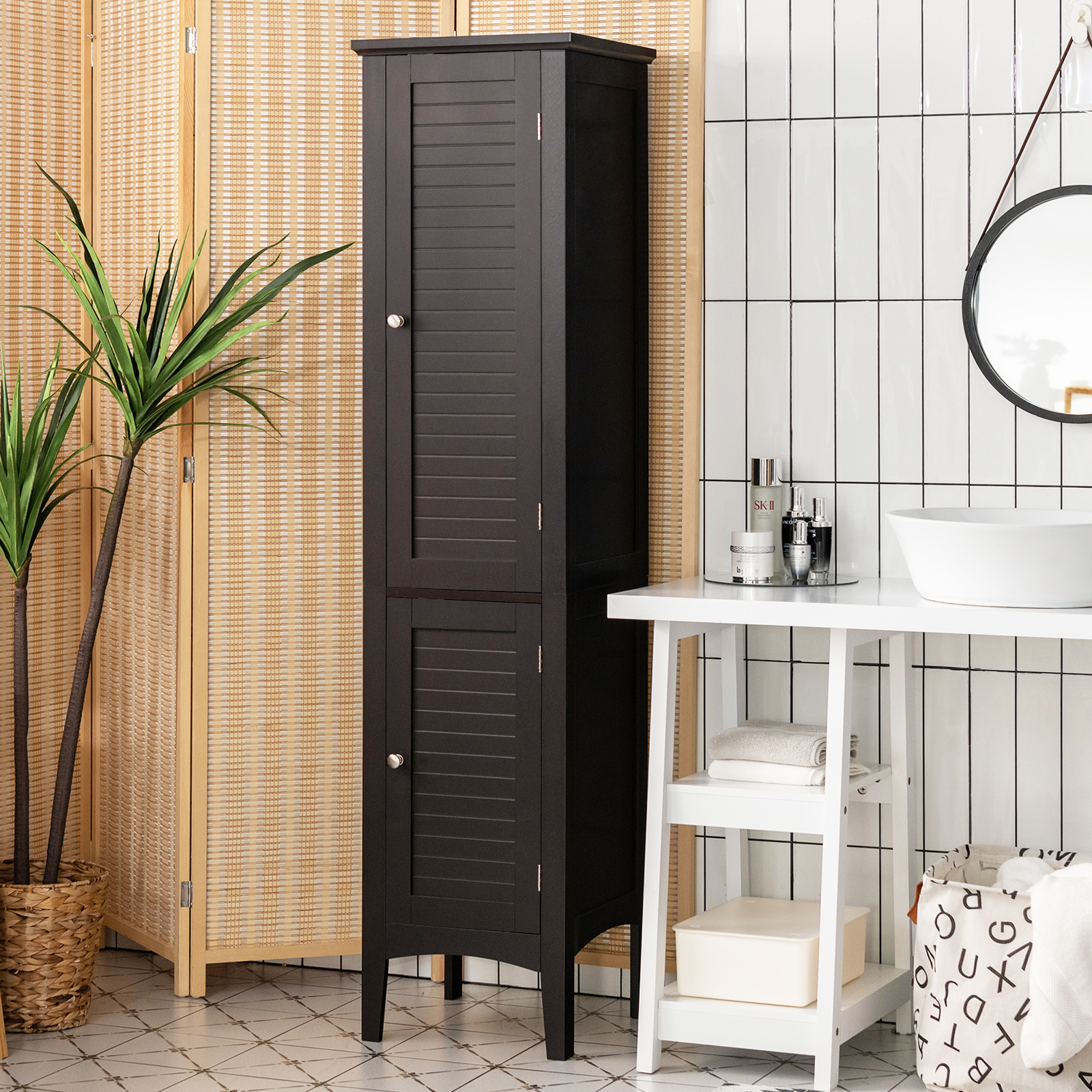 Image of Tall Bathroom Cabinet, Slim Bathroom Floor Cabinet With 5 Shelves, 2-compartment Storage Organizer, Modern Linen Tower For Kitchen, Laundry Room, Entryway, Office, Coffee