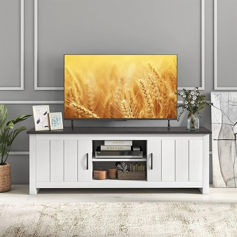 2 Doors Tv Stand For Tvs Up To 65", 57" Table With 2 Cabinets And Open Shelves,, White And Brown