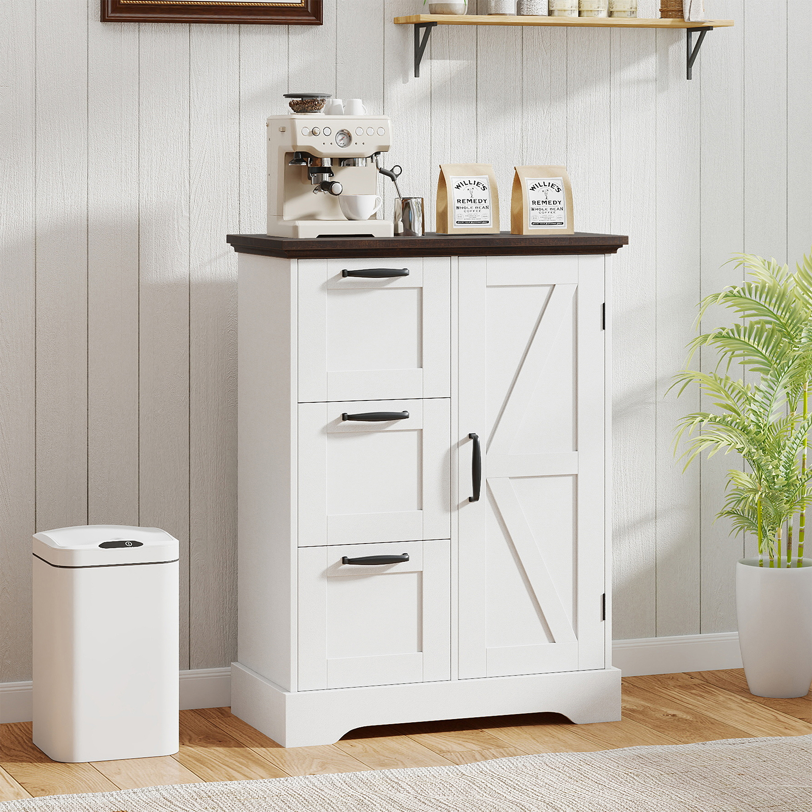 Image of Floor Cabinet, Farmhouse Accent Cabinet With Barn Door & 3 Storage Drawers, Freestanding Buffet Sideboard With Anti-tip Kit For Kitchen, Living Room, Entryway, White