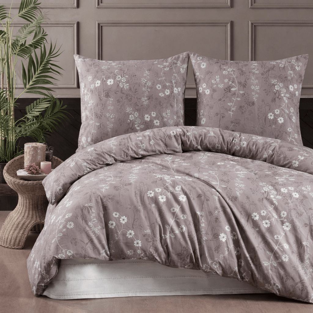 Cotton Bedding Set, 2-piece To 3-piece, Duvet Cover, Brown And White Floral, Pillowcase 80x80 Cm With Zipper