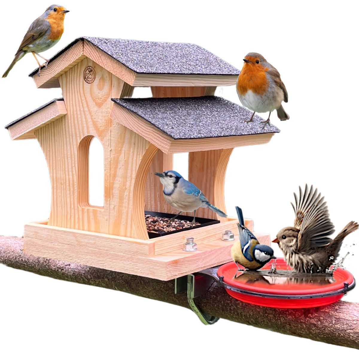 Wooden Bird Feeder For Balcony, Impregnated With A Bracket For Balustrade And A Tray, Resistant To Weather , Solid Birdhouse Hut.