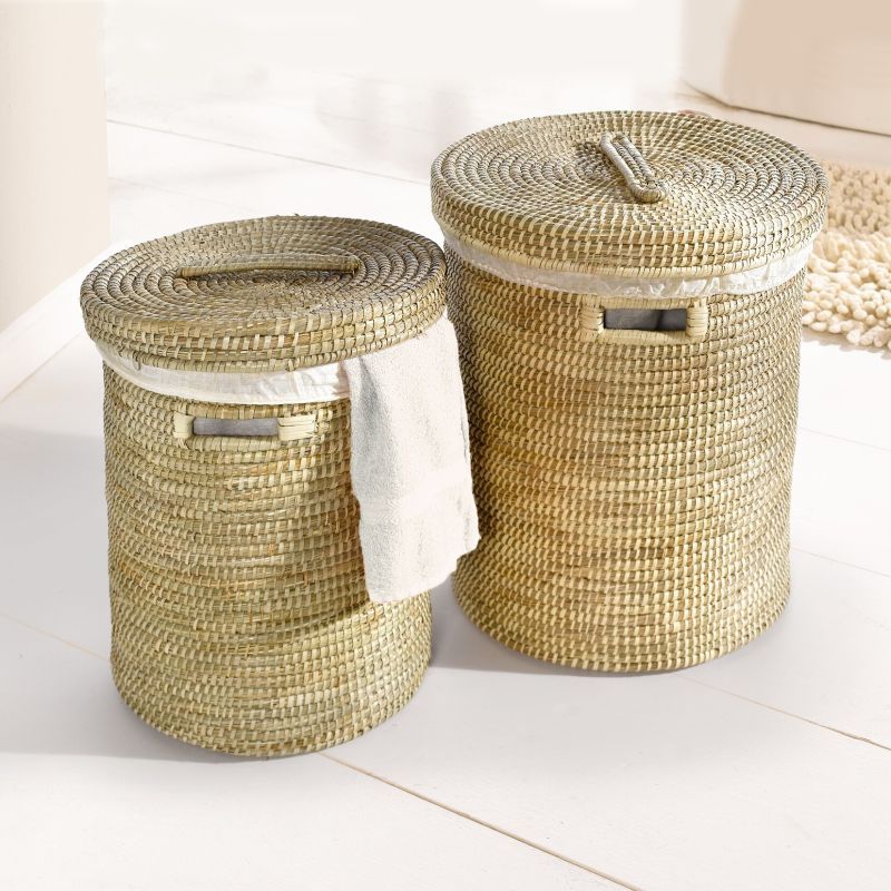 Image of Laundry Basket Made Of Seaweed With Lid, Ø 47x55 Cm, Laundry Collector, Laundry Bin