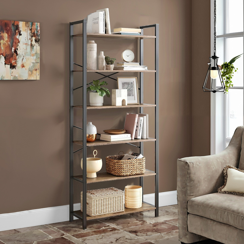 6-tier Bookshelf, Standing Shelf With , Freestanding Shelf, Living Room, Bedroom, Study, Brown-black