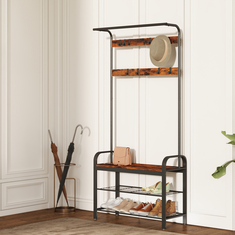 Image of Coat Rack With 9 Removable Hooks, Four-in-one Design, Coat Rack With Shoe Bench, Suitable For And Corridors, 33.7 X 84 X 183 Cm, , White Oak Finish