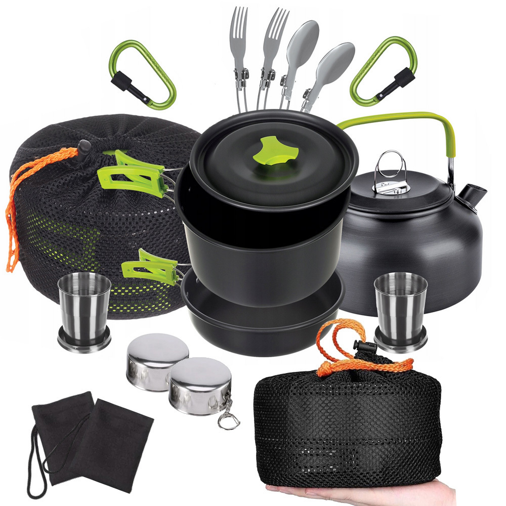 TEMU Ensemble de cuisine de tourisme 18W1 avec poêle, bouilloire, tasses et couverts, ensemble de cuisine de camping complet pour personnes, ensemble