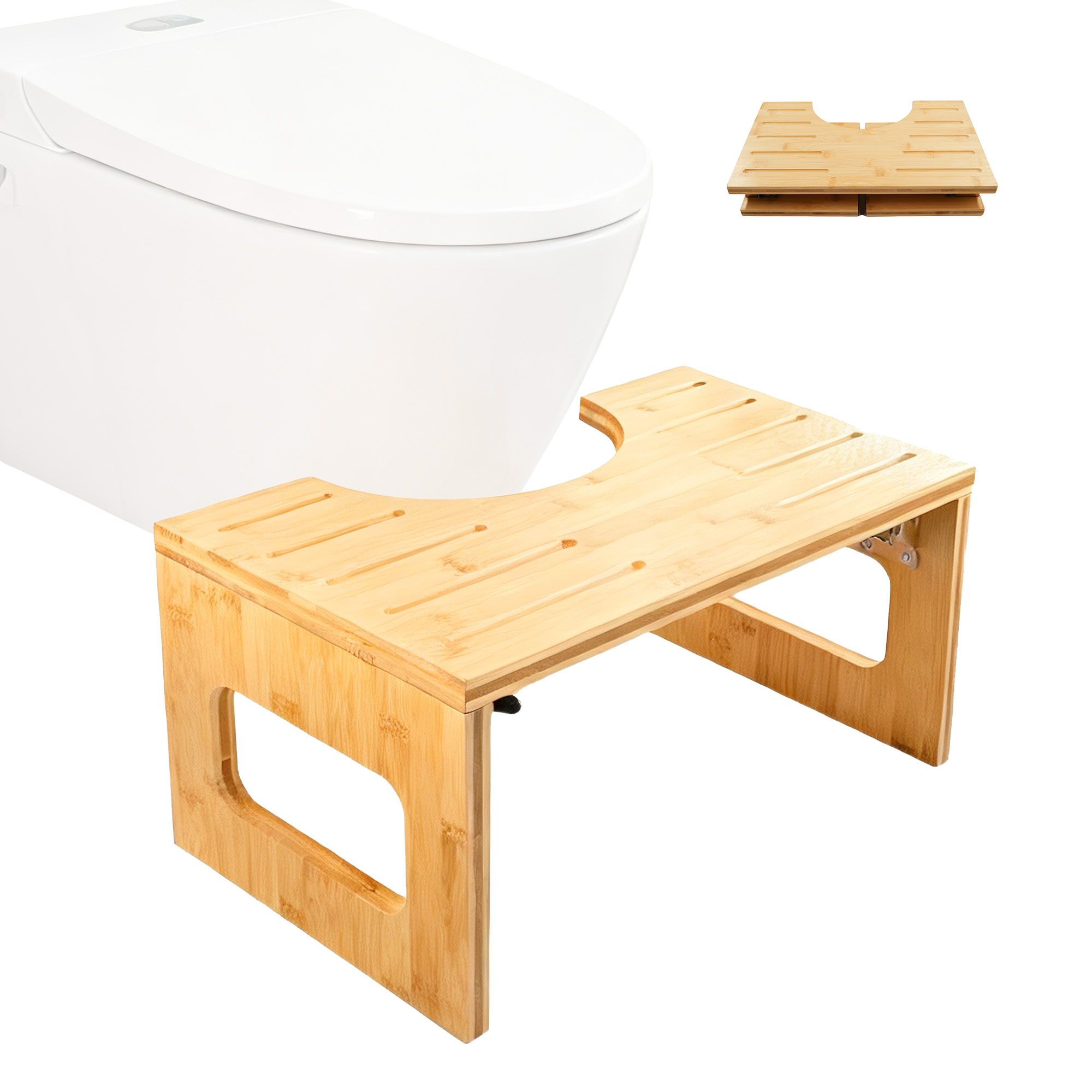 Image of Foldable Bamboo Toilet Seat, 20cm High/21.5cm High – Ergonomic Wc Stool With 35° And Slip-resistant Feet, For Preventing Constipation, Bloating And Hemorrhoids, For Adults.