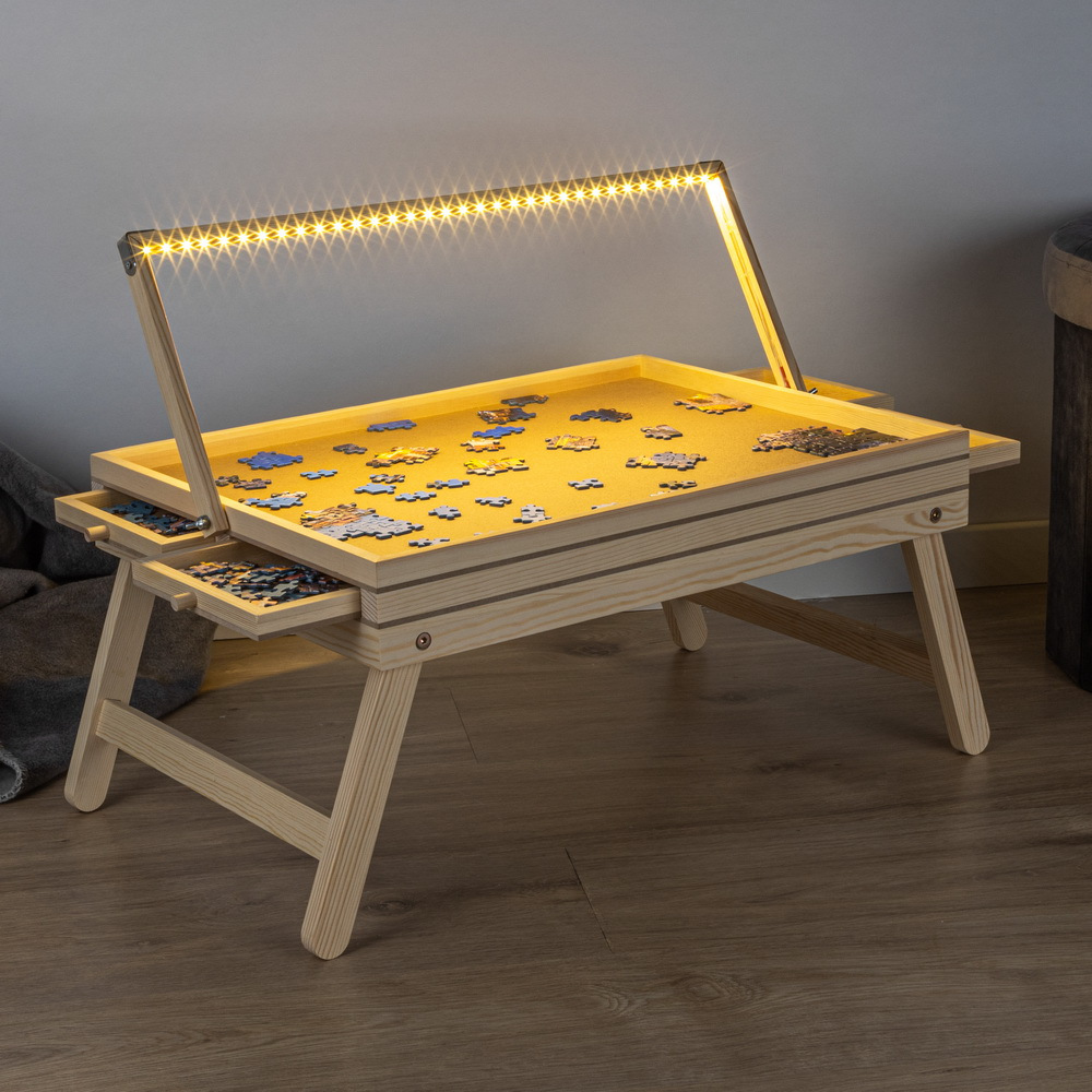 Puzzle Table With 4 Drawers And Lighting Puzzle Board With 45 Warm White Led Lights Puzzle Base For 1000pcs Puzzle Platform For Puzzling, Foldable Feet Puzzle Aid