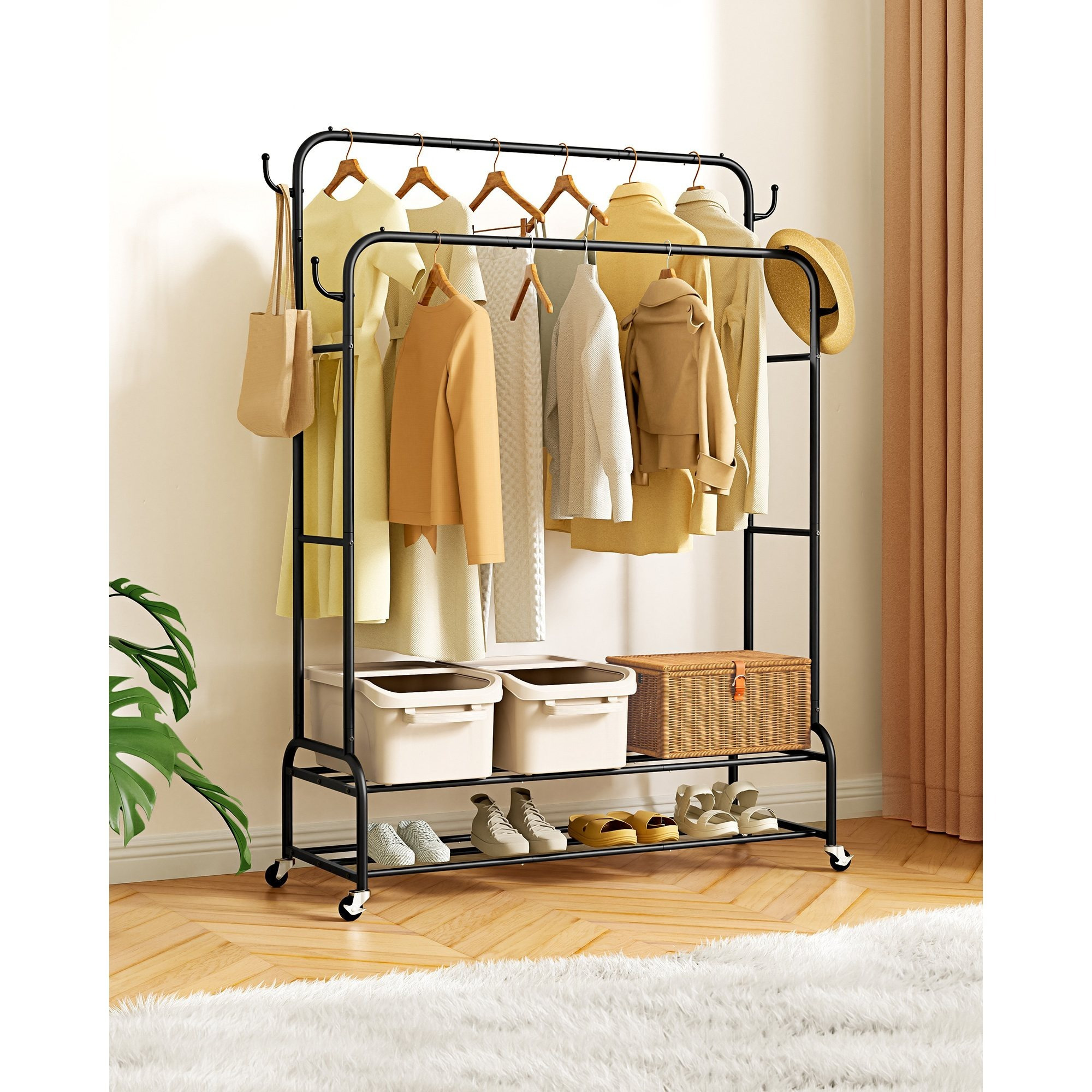 Image of Oak & Tea Clothes Rail,portable Metal Clothes Rack With Double-layer Mesh Shelf, Double Rail Clothing Rail For Bedroom Laundry Shop,120kg Capacity