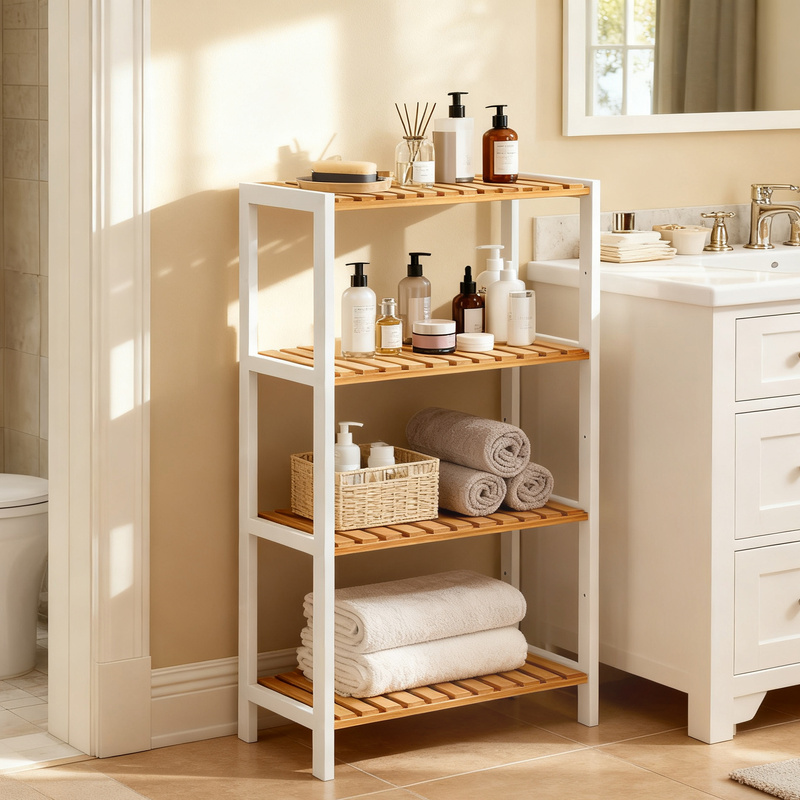 Storage Shelf, Shoe Rack, Shelving Unit, Four-tier, Bamboo Construction, Freestanding, Dimensions: 26 X 60 X 100 Cm, Suitable For Bathroom, Living Room, , Kitchens, –