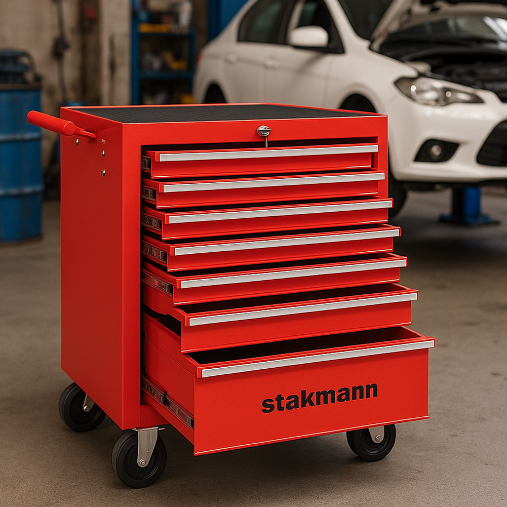Image of Stakmann Tool Cart With 7 Drawers In Steel, Multi-use Tool Trolley, Workbench Cabinet With Wheels, Ideal For , Garages, Diy, 68 X 33 X 78 Cm