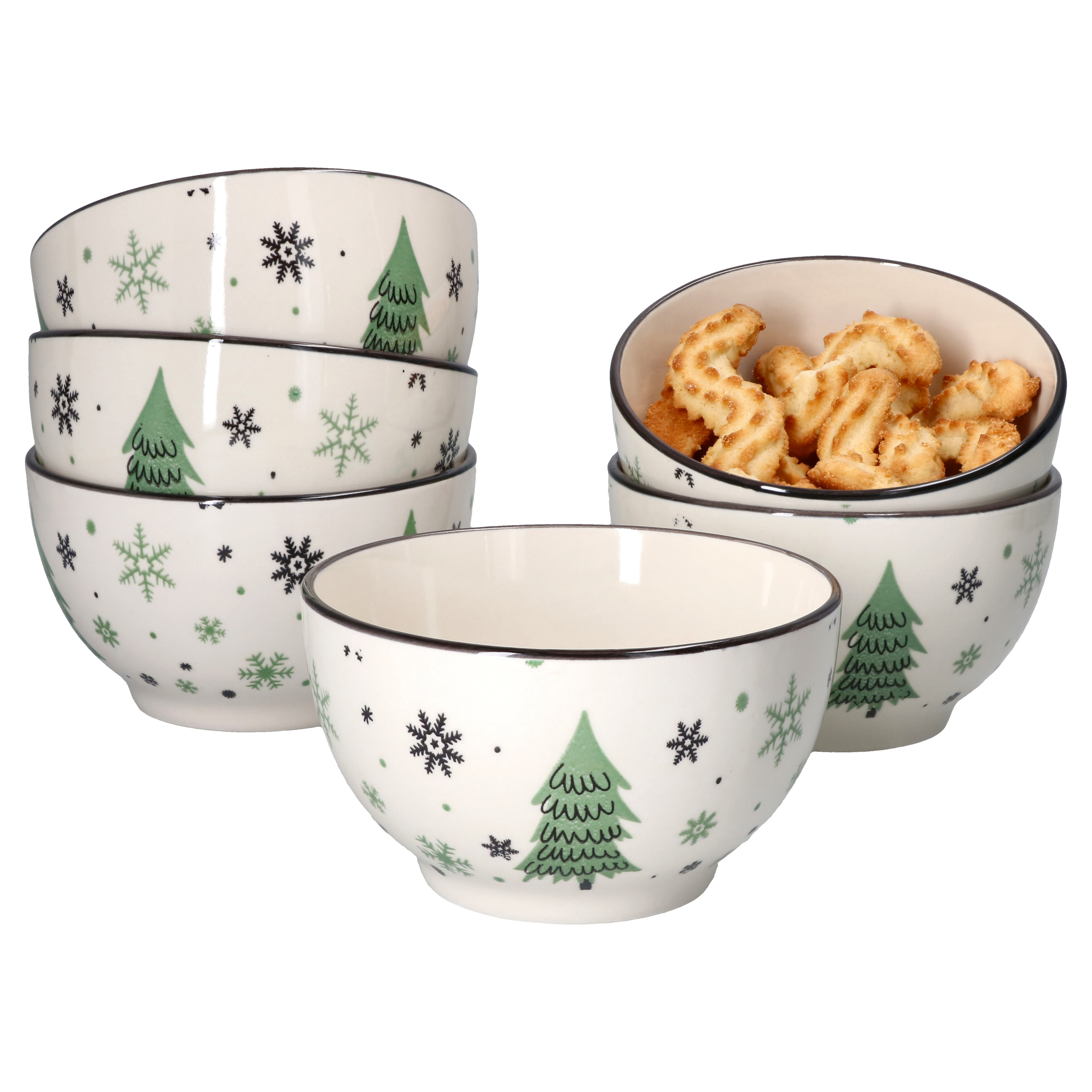 Image of 6-piece Set Christmas Tree Cookie Bowls, 14cm Dessert & Cereal Bowls For Christmas