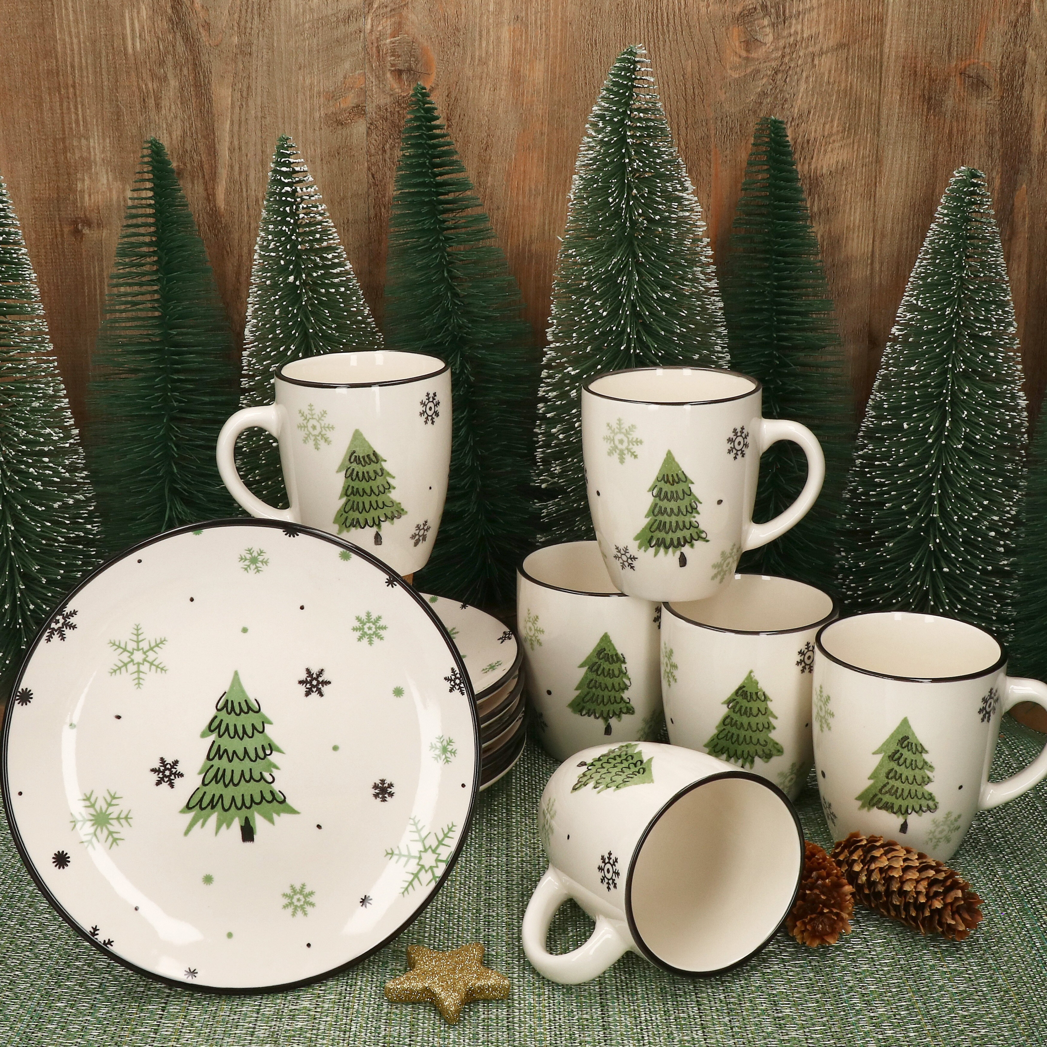 Image of 12pcs Christmas Breakfast Set, Stoneware, 6 People, Plates, Cups, Christmas