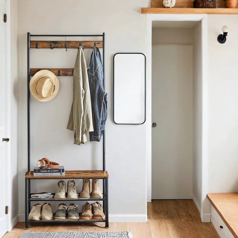 Closet With Hooks, Metal Frame, 3 Shelves, Shoe Rack, With Seating, Suitable For , Coat Stand, Height 175 Cm, , -black
