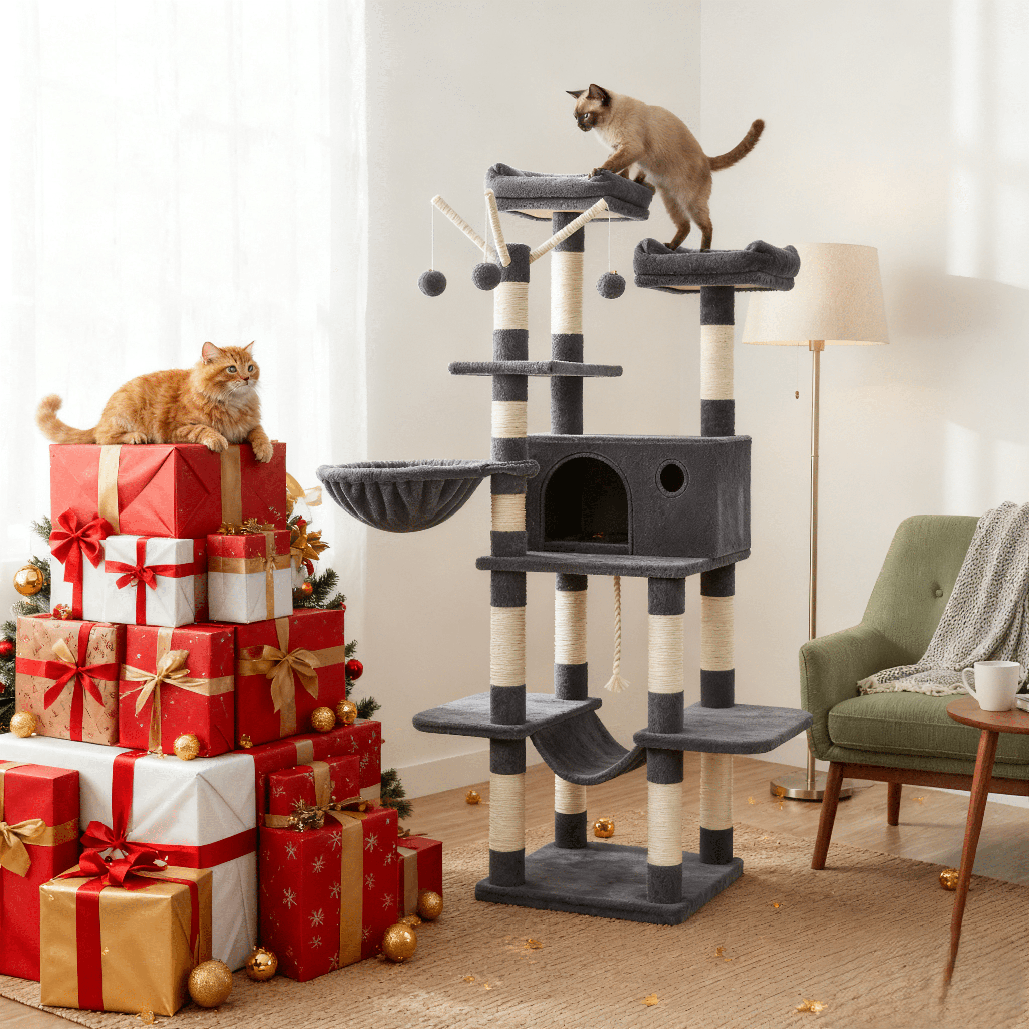 E-shop Kratzbaum, XXL Katzenbaum, Katzenkratzbaum mit Höhle, Hängekorb, Hängematte