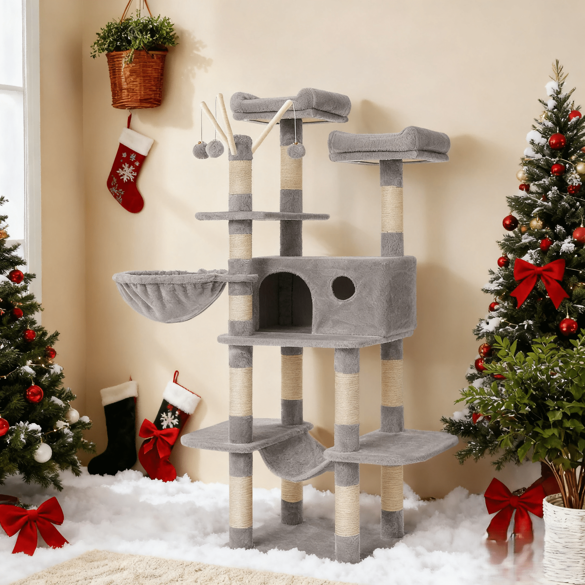 E-shop Katzenklettergerüst XXL 164cm hoch einem Kippschutz，Kratzbaum, Katzenbaum, Katzenkratzbaum, mit Plüschbällen, Kratzsäulen, Plattformen,