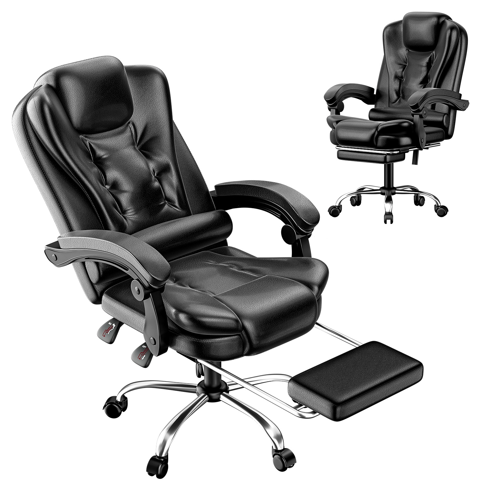 Office Chair With Footrest, Pu Leather Ergonomic Chair With Tilt Function, Height Adjustable, 360° Rotatable Desk Chair, Height Adjustable (black)