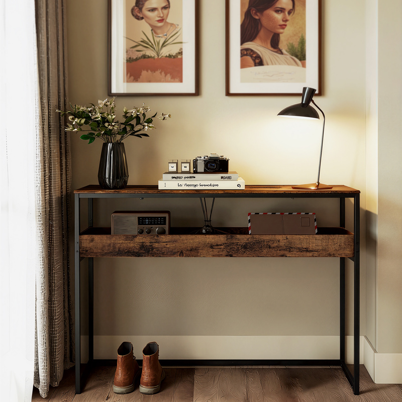 Image of Console Table, Narrow Console With 2 And A Half Open Shelves, 24 X 100 X 80 Cm, Suitable As A Side Table For Or Living Rooms, Vintage Finish In Brown-black.