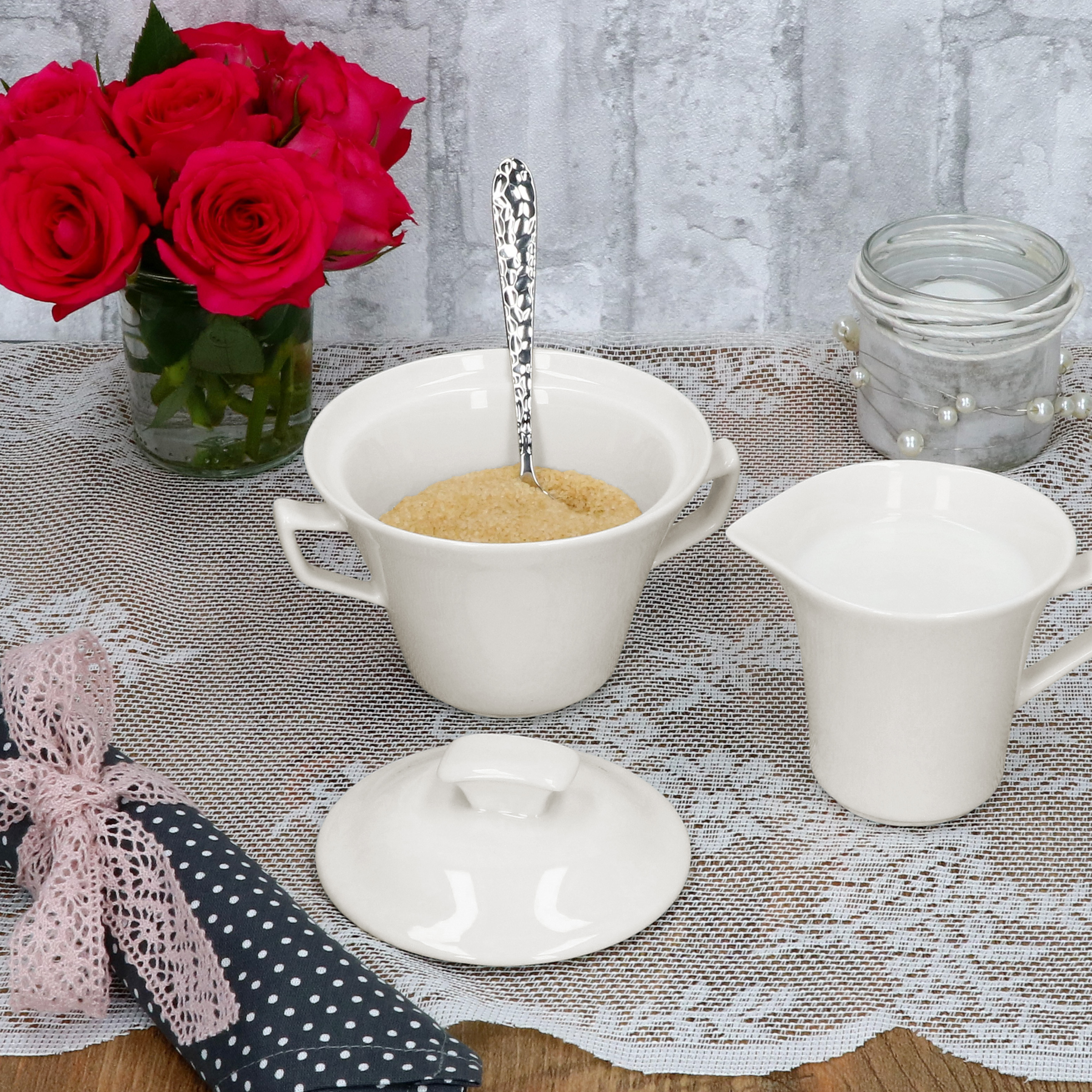 2pcs Set Ivory Milk Jug & Sugar Bowl + Lid Porcelain Can White