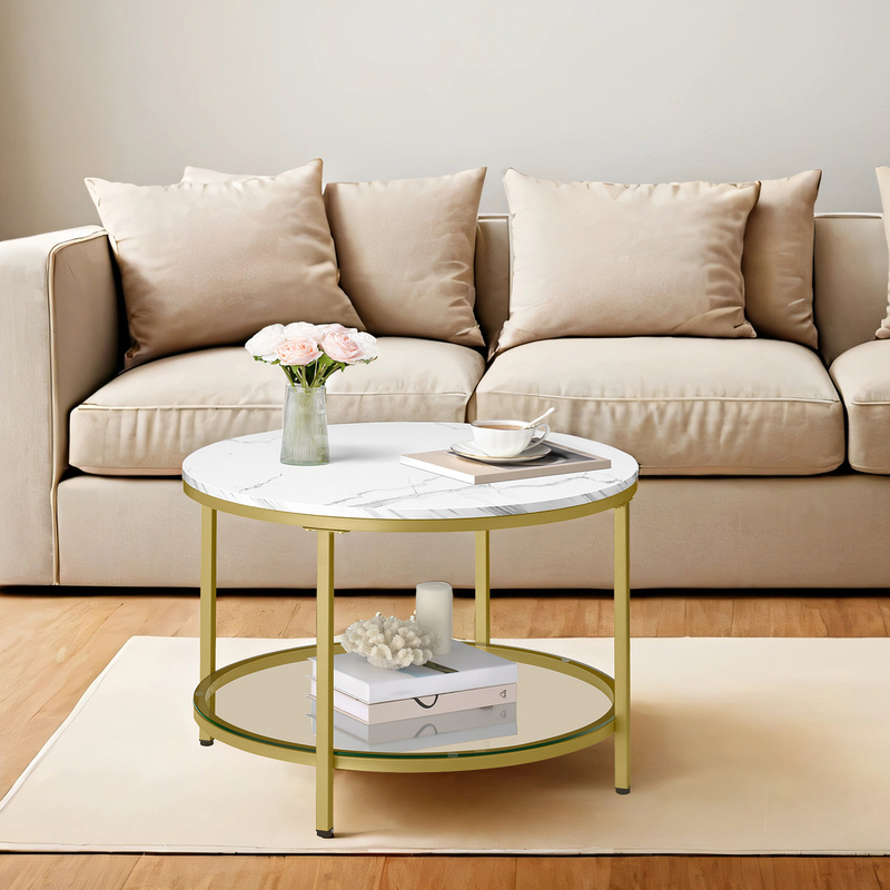 E-shop Couchtisch 65x46cm, Sofatisch, Wohnzimmertisch mit Glasplatte, viel Stauraum, einfacher Aufbau, modern, weiß-goldfarben